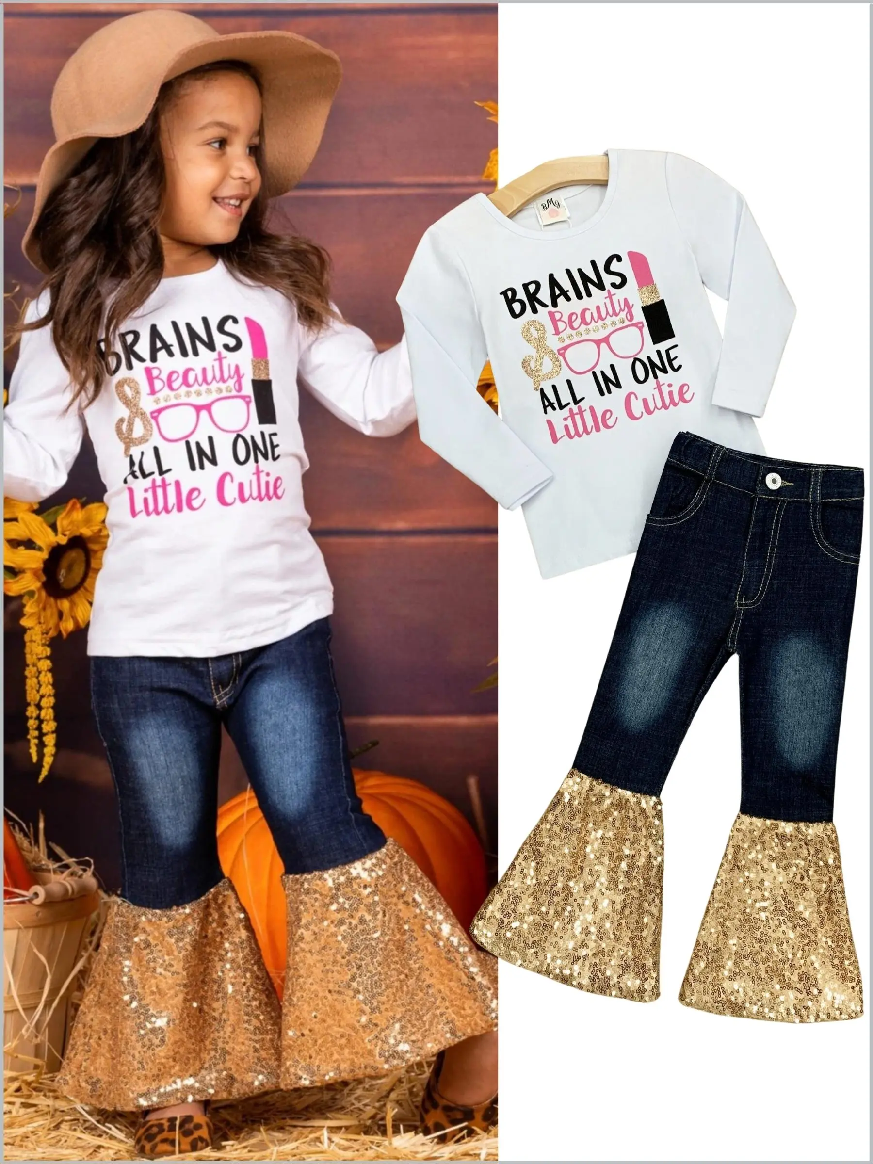 Brains and Beauty Sequin Bell Bottom Jean Set - Image 5