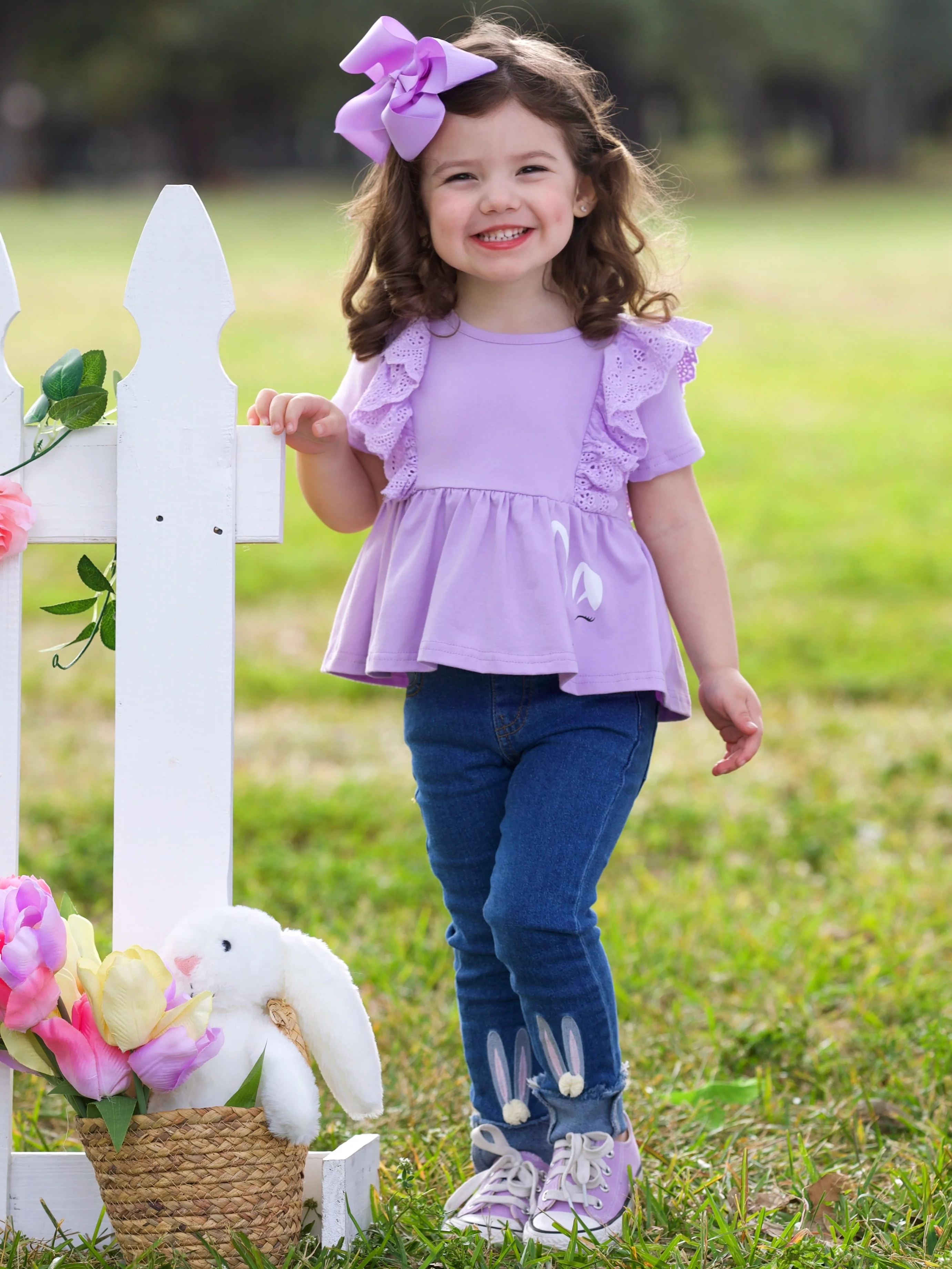 Lilac Bunny Top and Embroidered Denim Set - Image 2