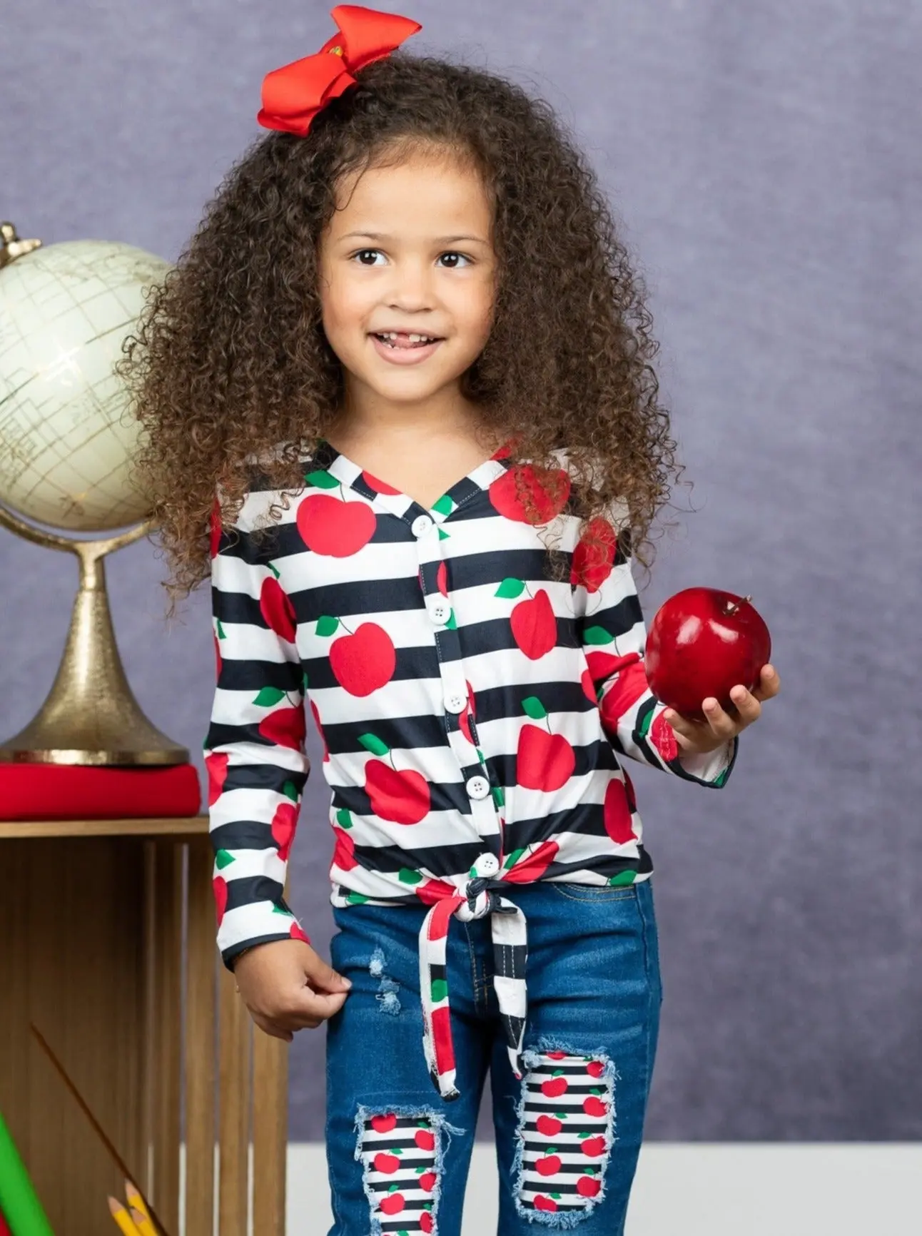 Classroom Chic Knot Hem Top And Patched Jeans Set - Image 2