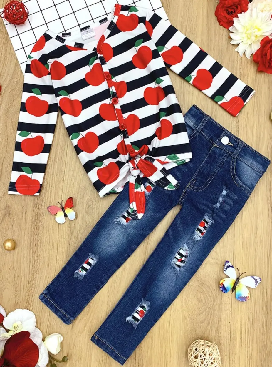 Classroom Chic Knot Hem Top And Patched Jeans Set - Image 3