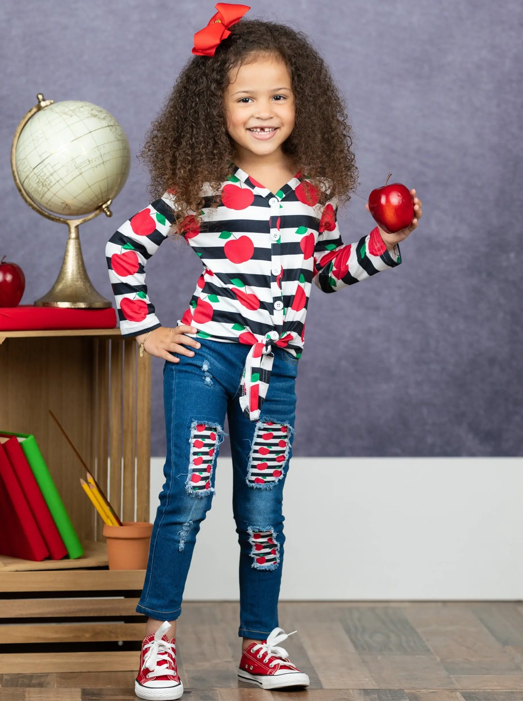 Classroom Chic Knot Hem Top And Patched Jeans Set - Image 4