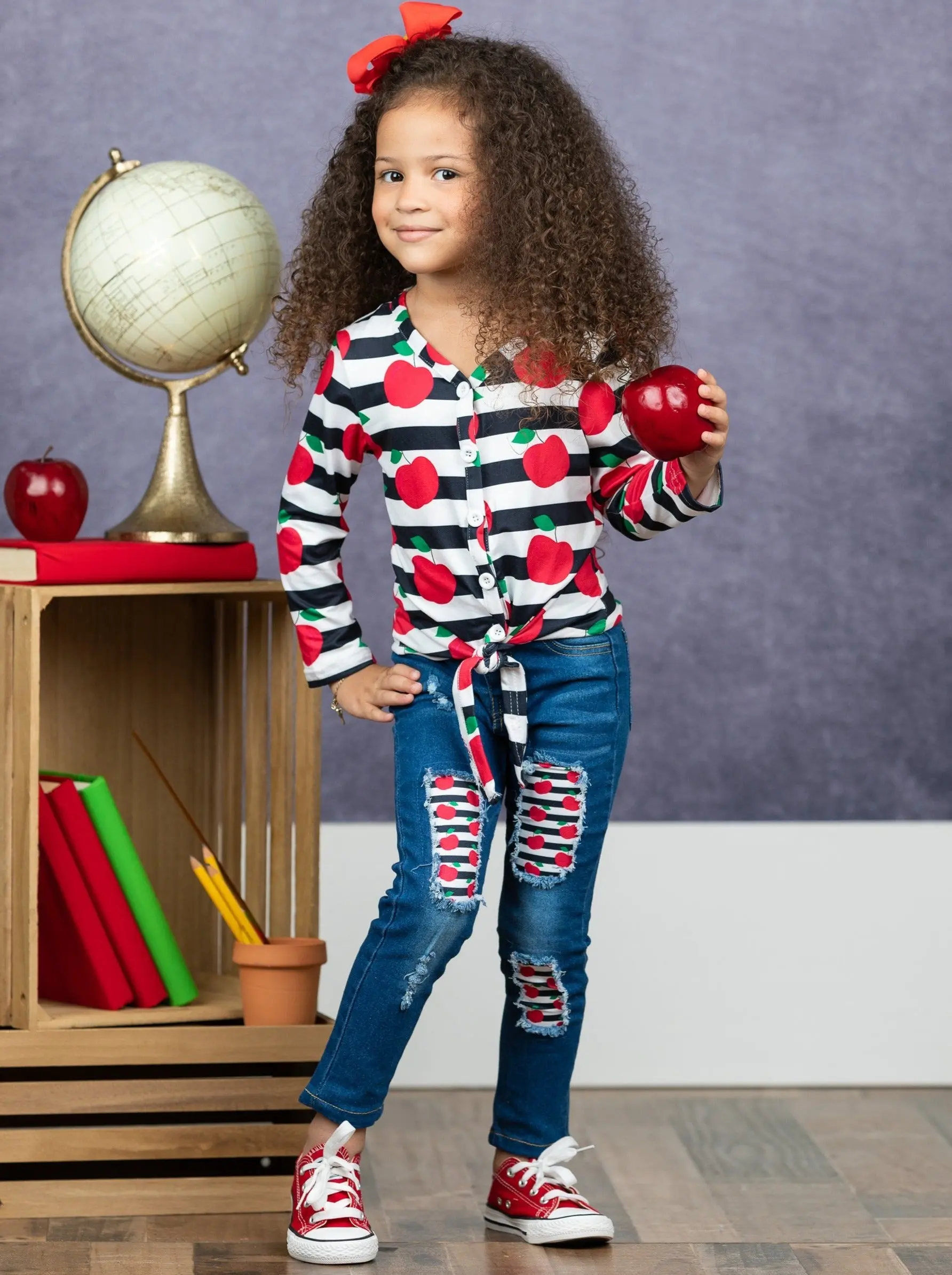 Classroom Chic Knot Hem Top And Patched Jeans Set - Image 5