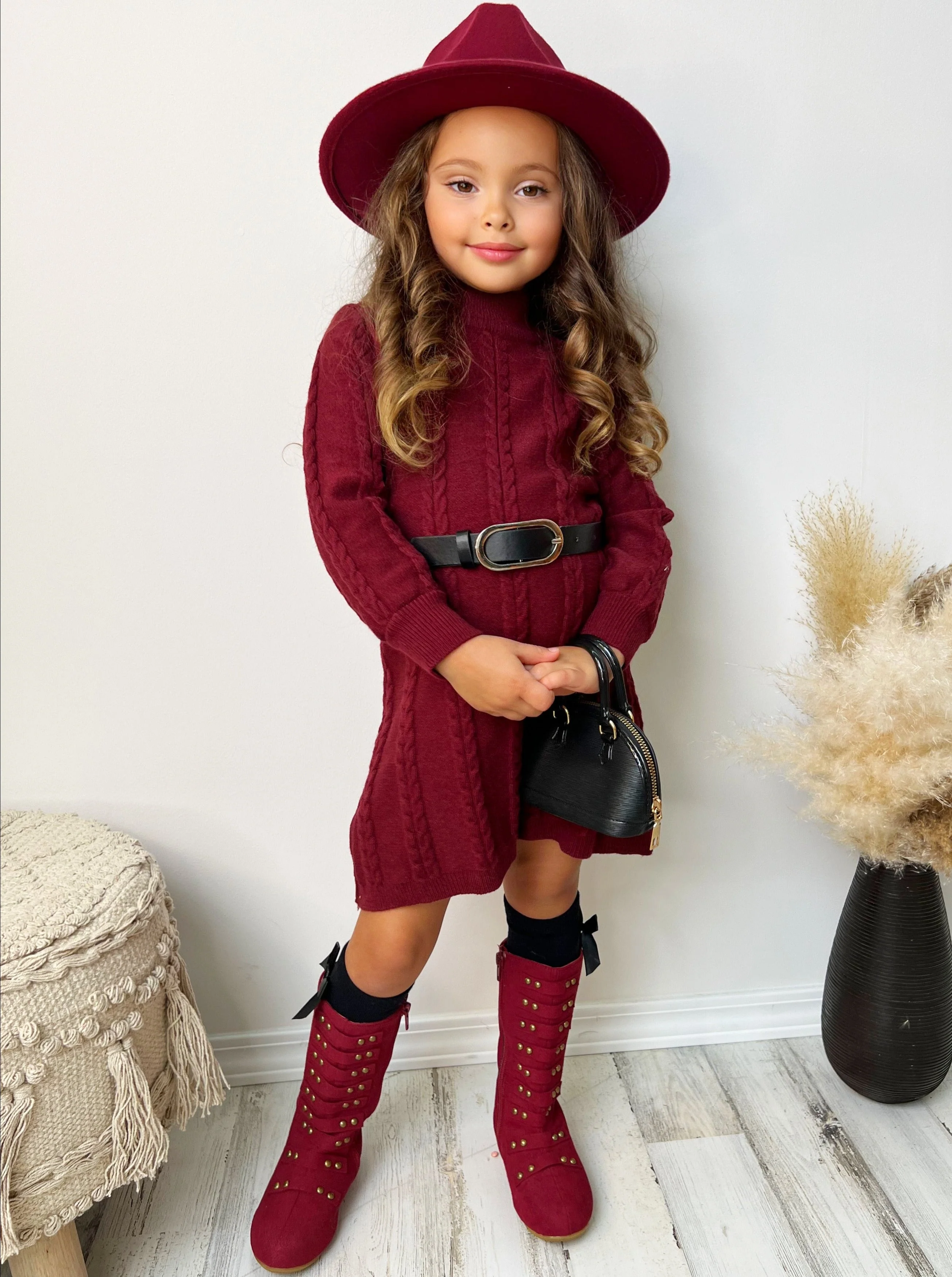 Cute Cranberry Cable Knit Belted Sweater Dress - Image 2