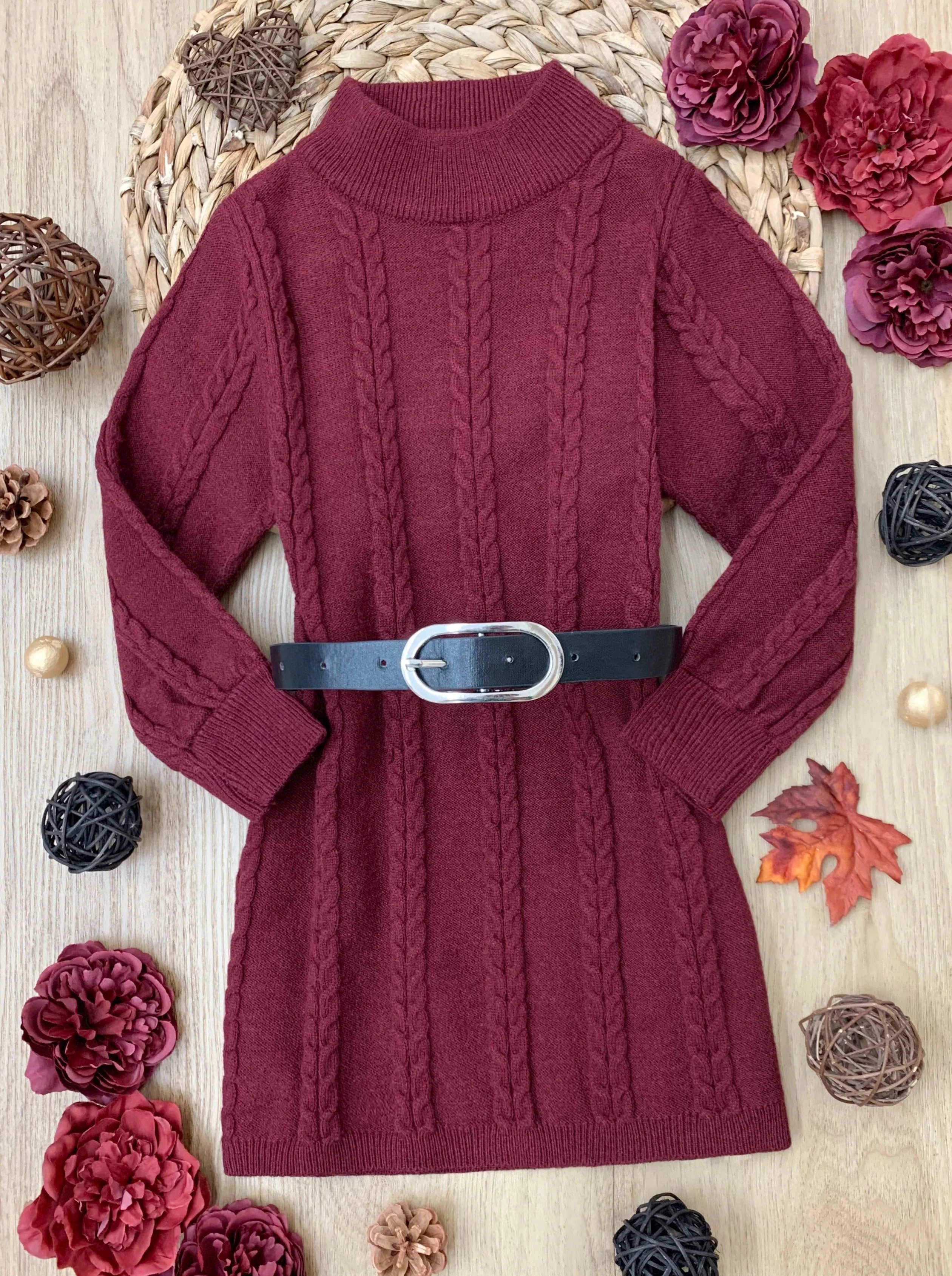 Cute Cranberry Cable Knit Belted Sweater Dress - Image 3