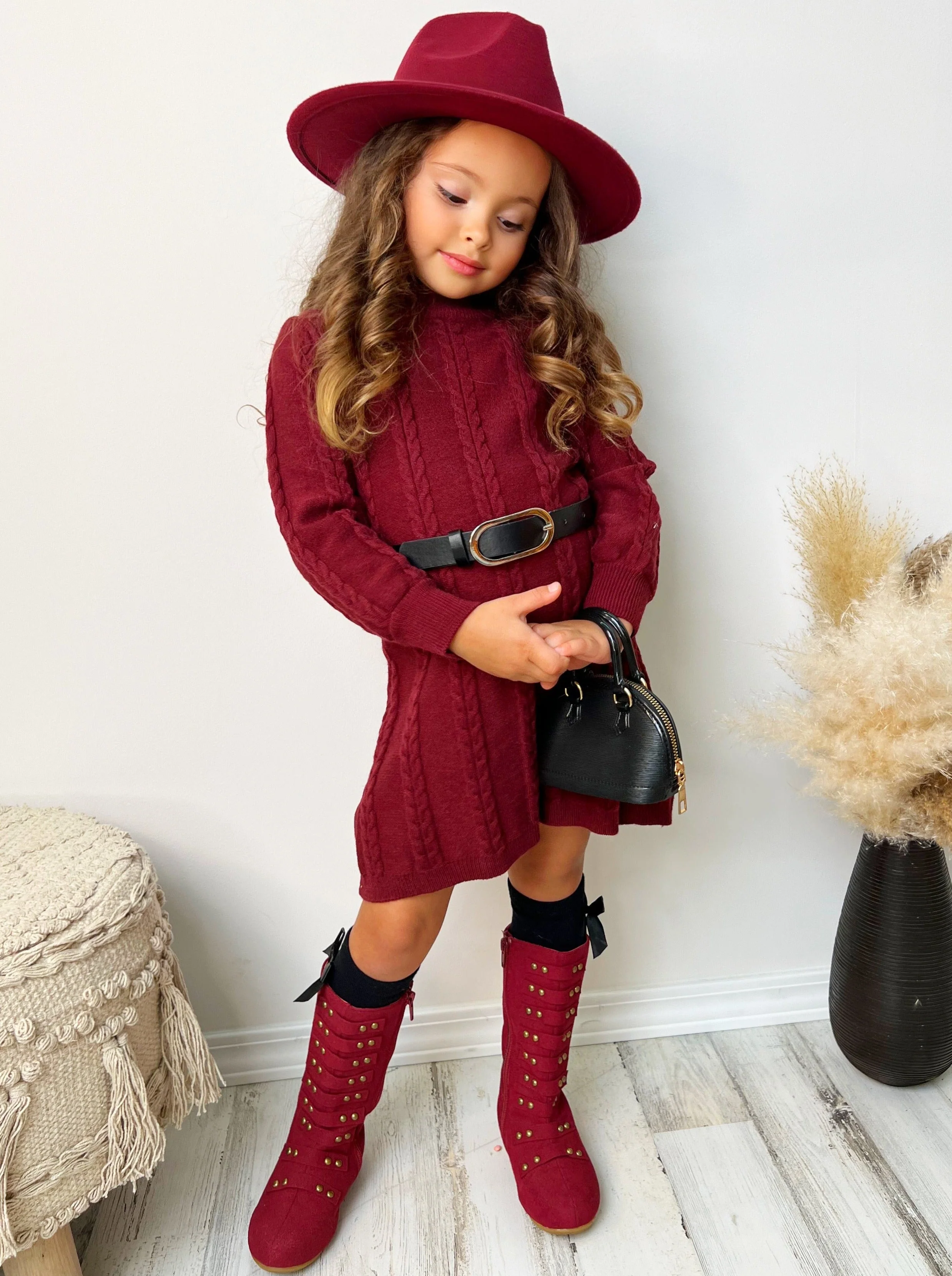 Cute Cranberry Cable Knit Belted Sweater Dress - Image 5