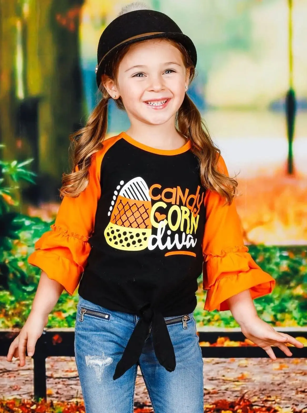 Candy Corn Diva Ruffle Raglan Knot Hem Top - Image 2