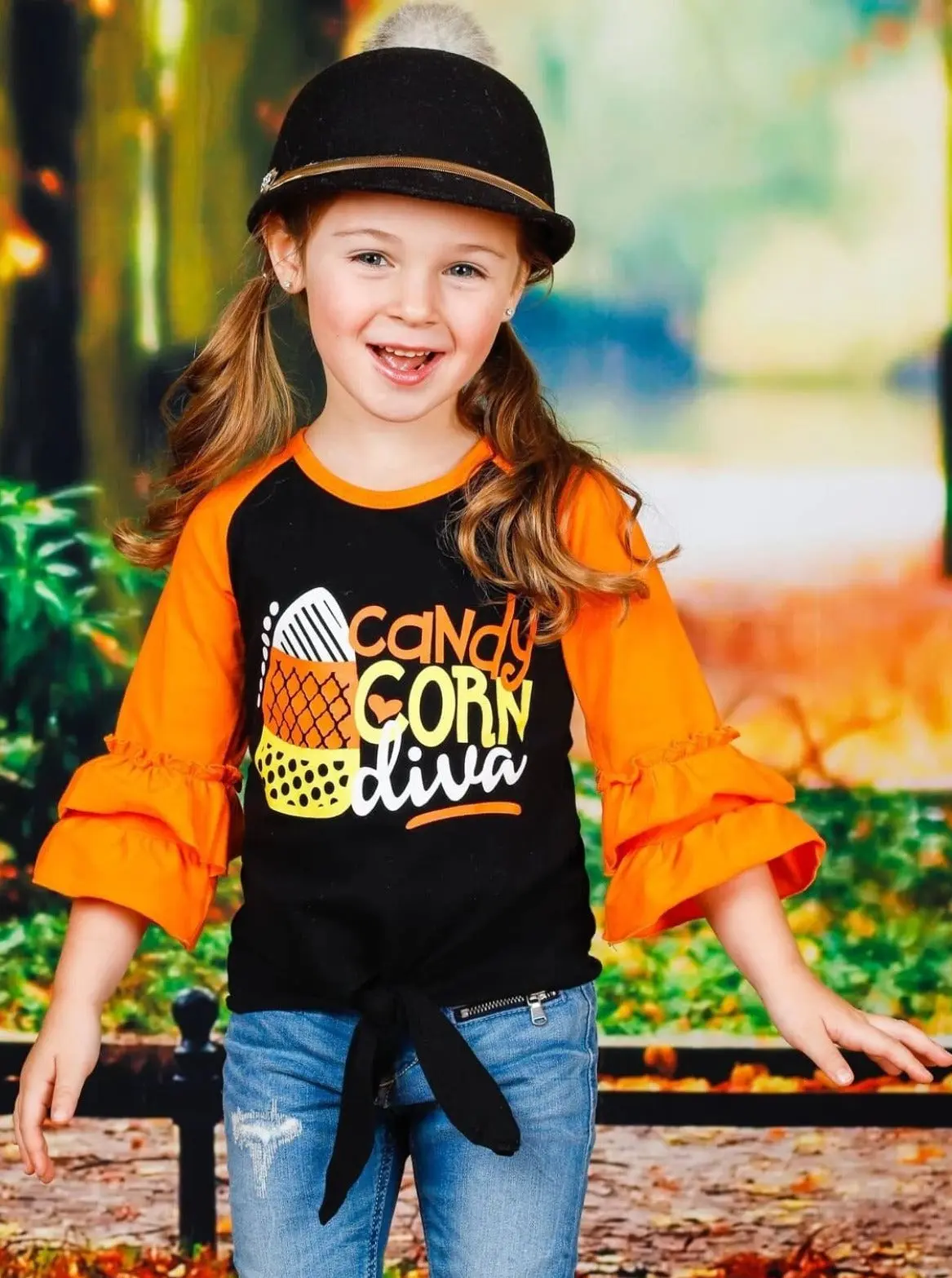Candy Corn Diva Ruffle Raglan Knot Hem Top - Image 3