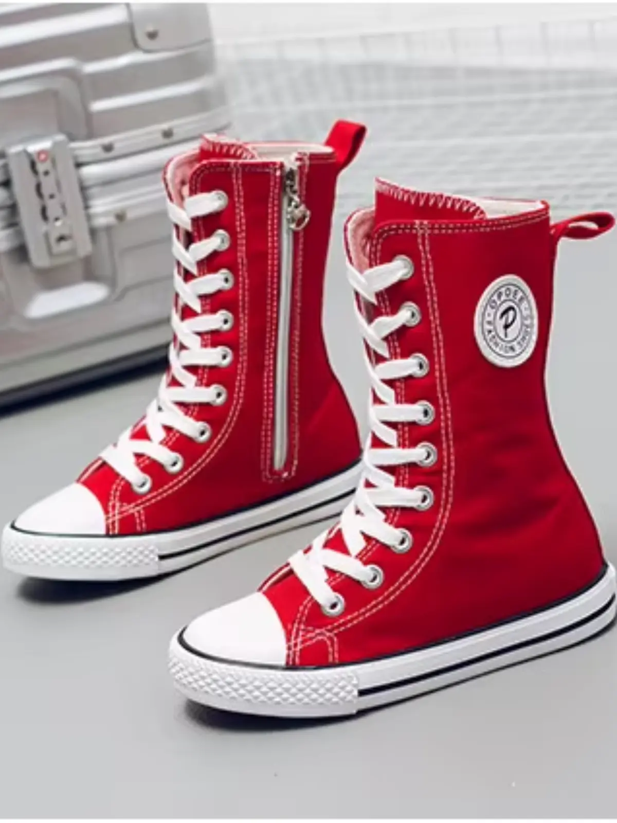 Red Canvas High Top Zip Up Sneakers By Liv and Mia - Image 5