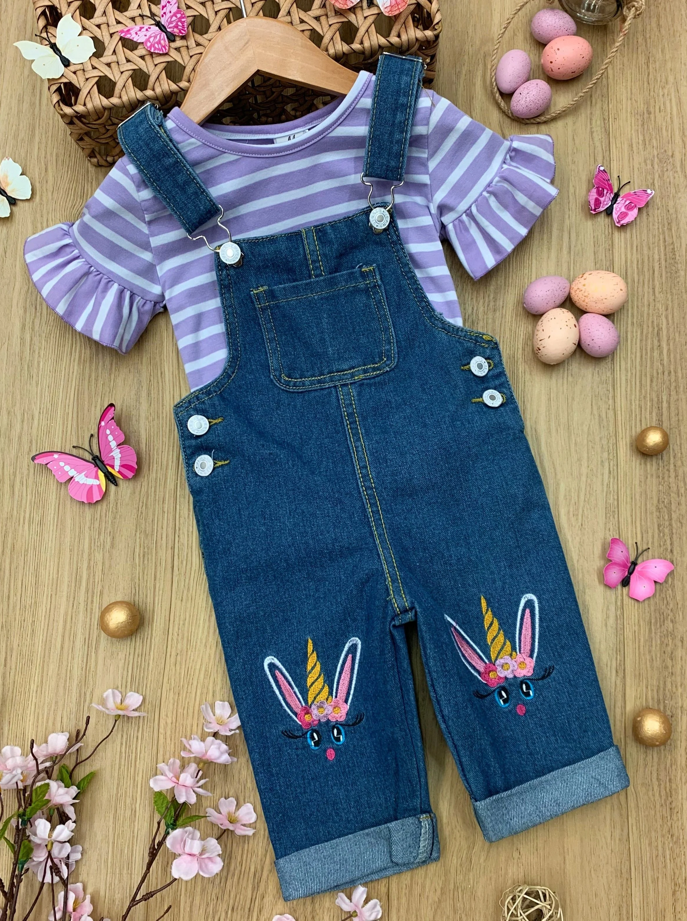 Unicorn Bunny Denim Overall Capris Set - Image 2