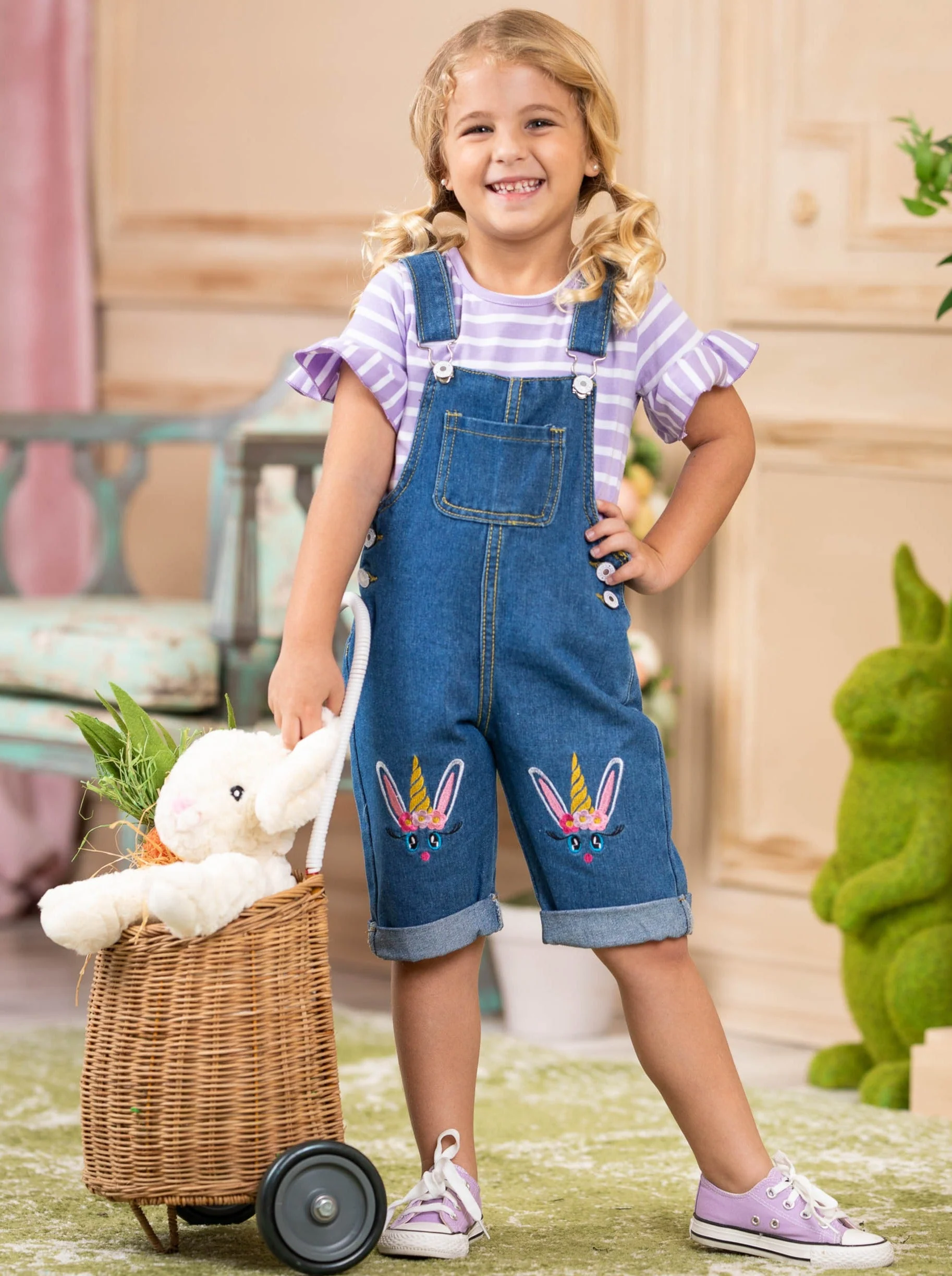 Unicorn Bunny Denim Overall Capris Set - Image 3