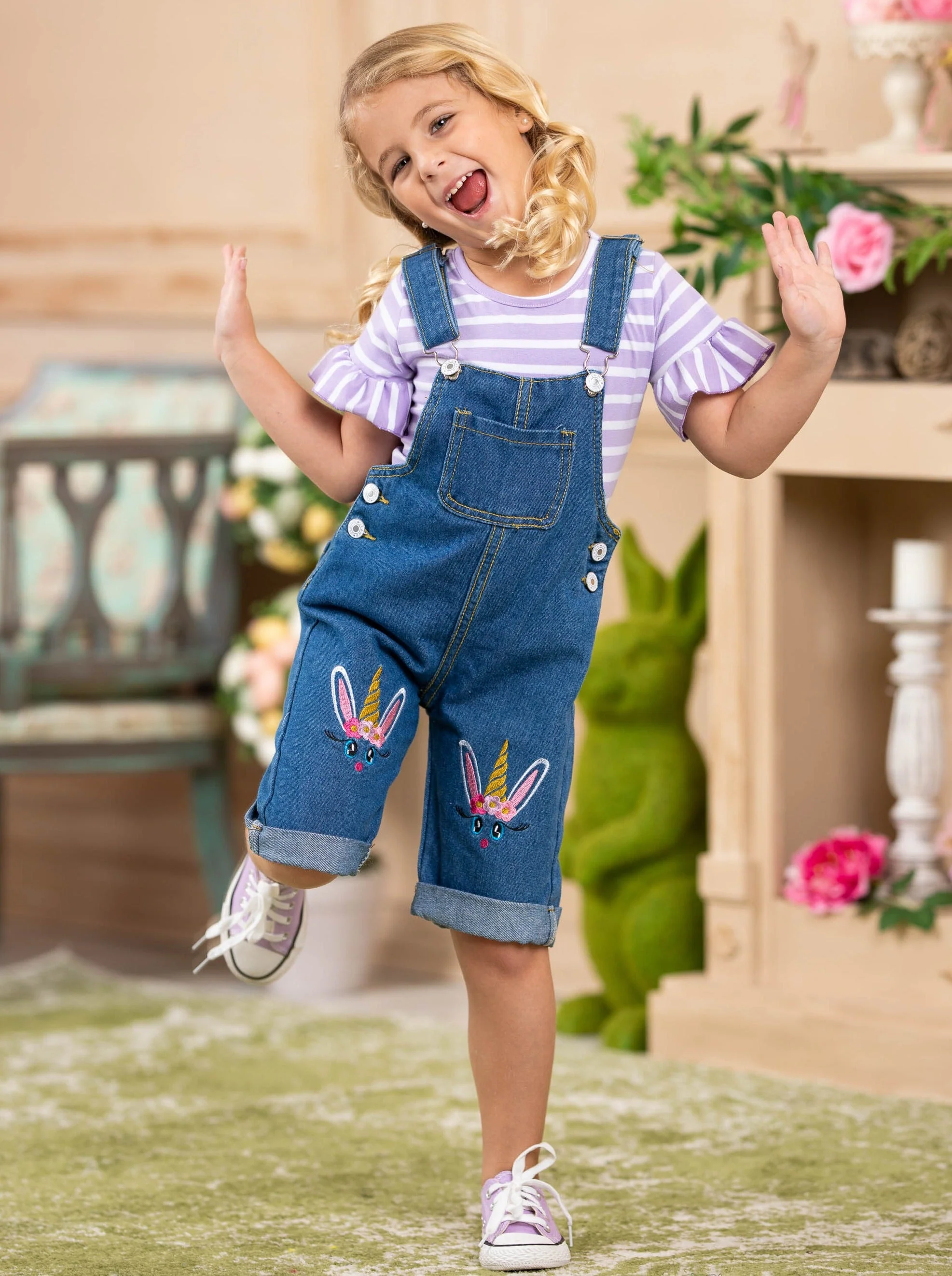Unicorn Bunny Denim Overall Capris Set - Image 4