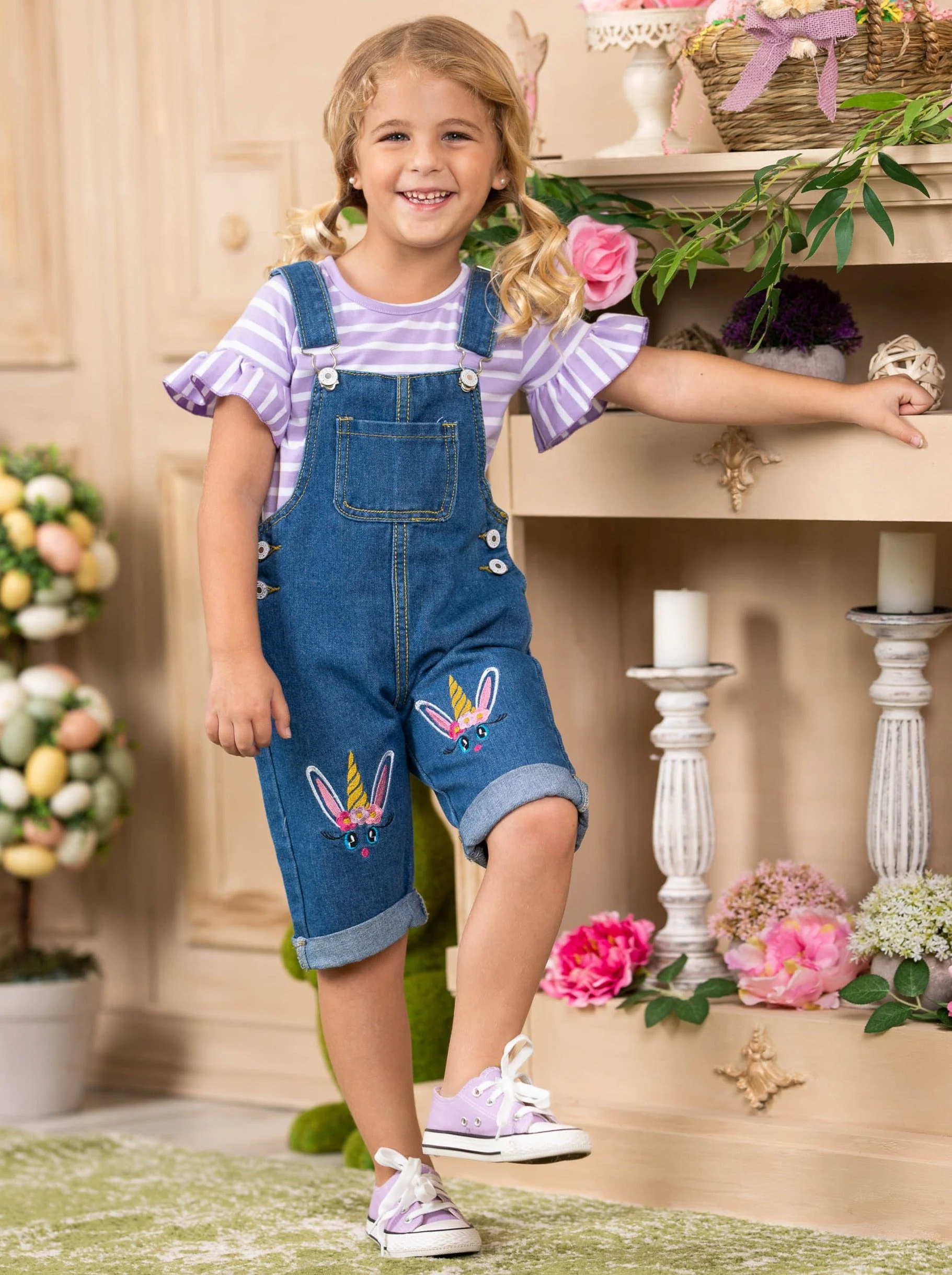 Unicorn Bunny Denim Overall Capris Set - Image 5