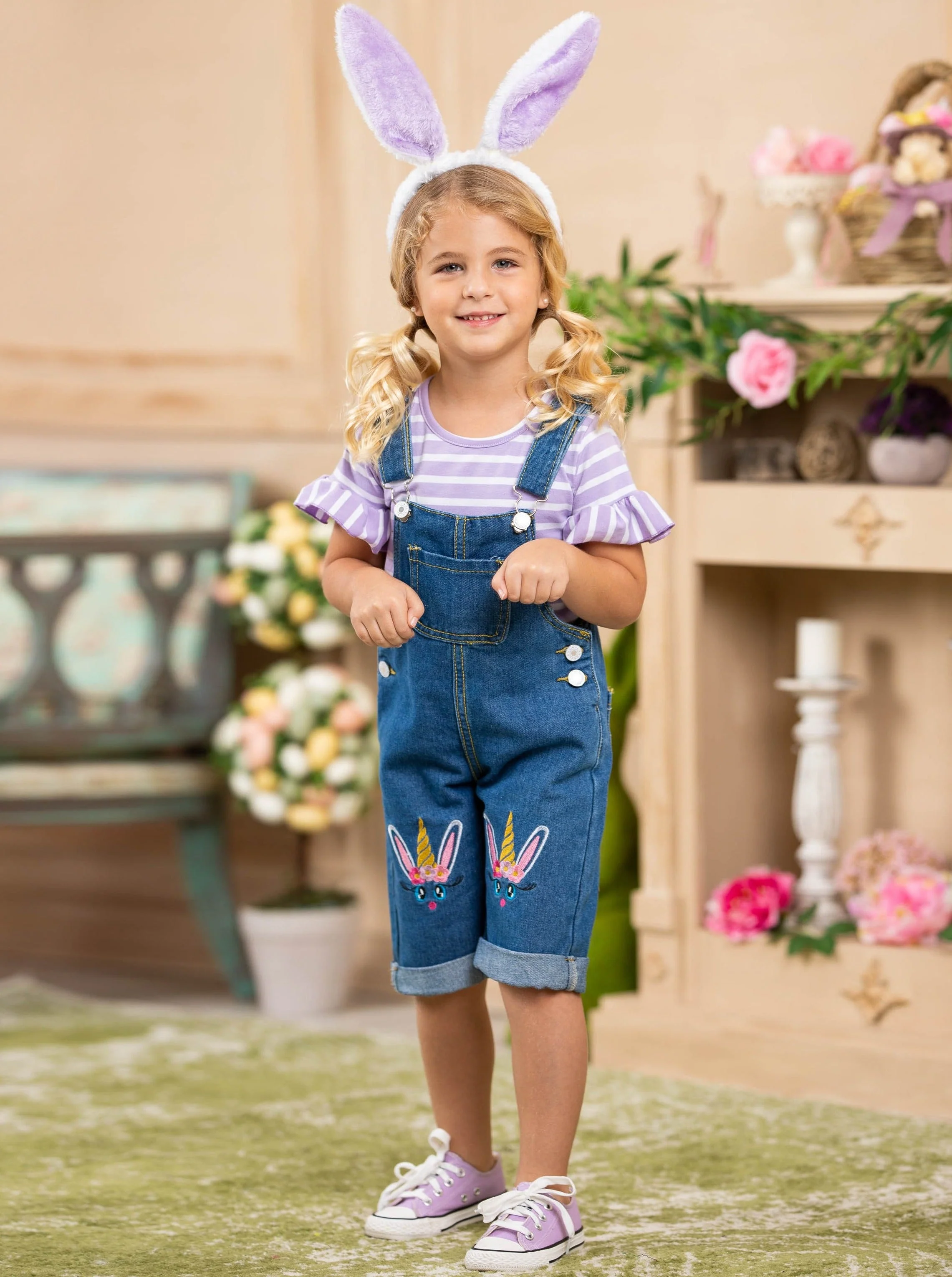 Unicorn Bunny Denim Overall Capris Set - Image 6