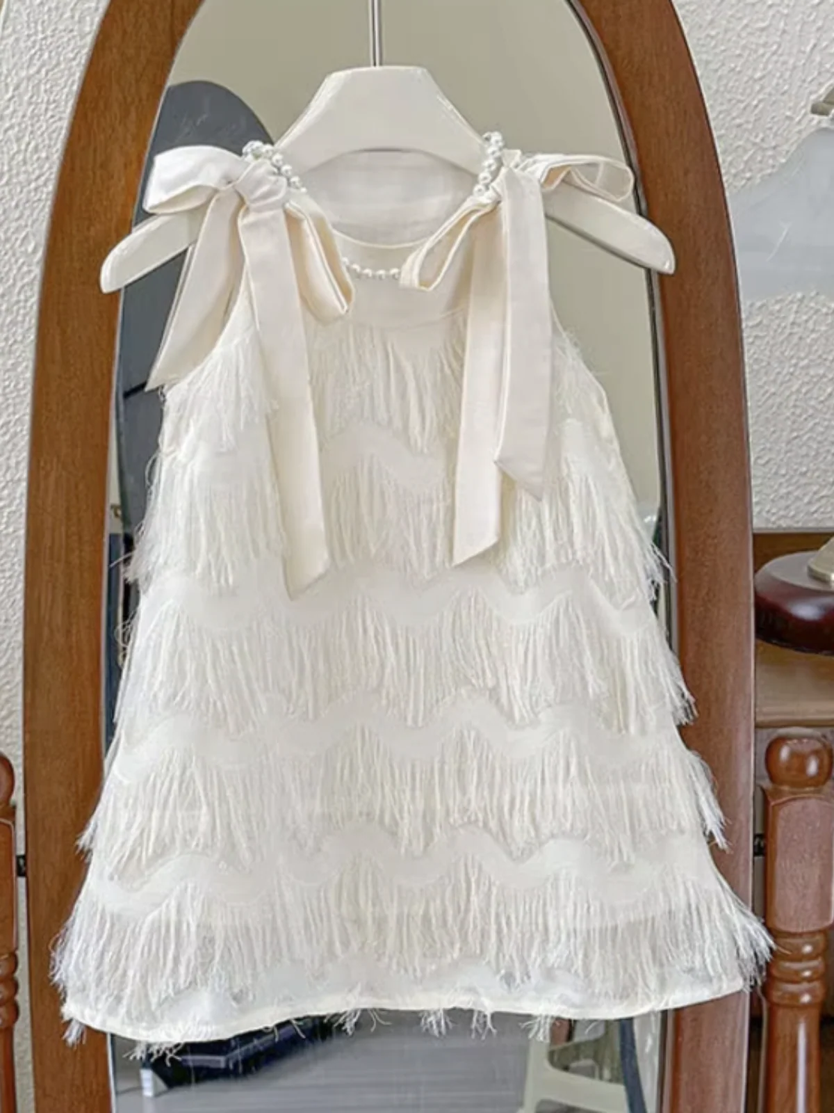 Fringe Pearl Tie Shoulder Dress - Image 4