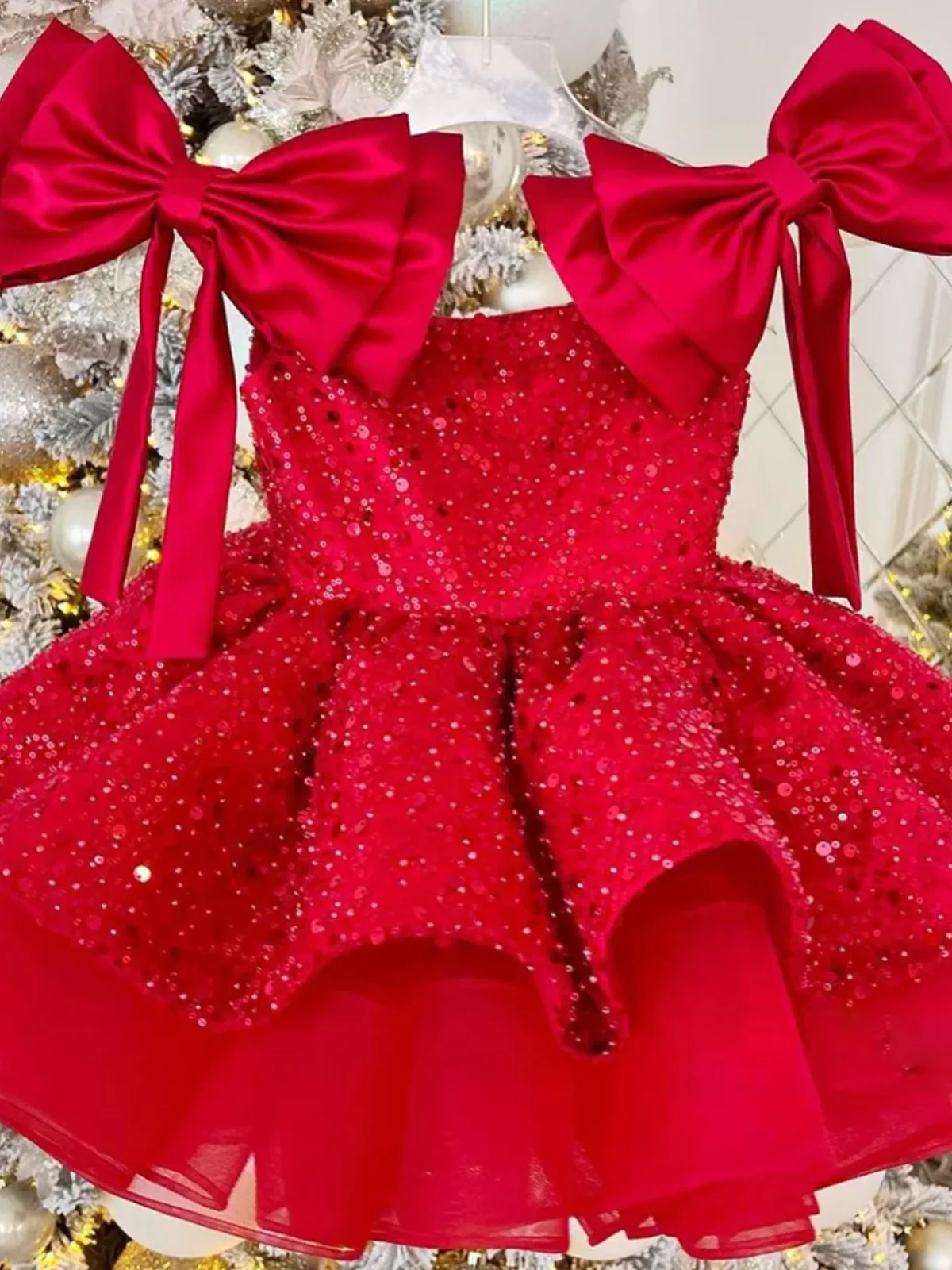 Sequin Princess Festive Holiday Gown with Double Bows - Image 3