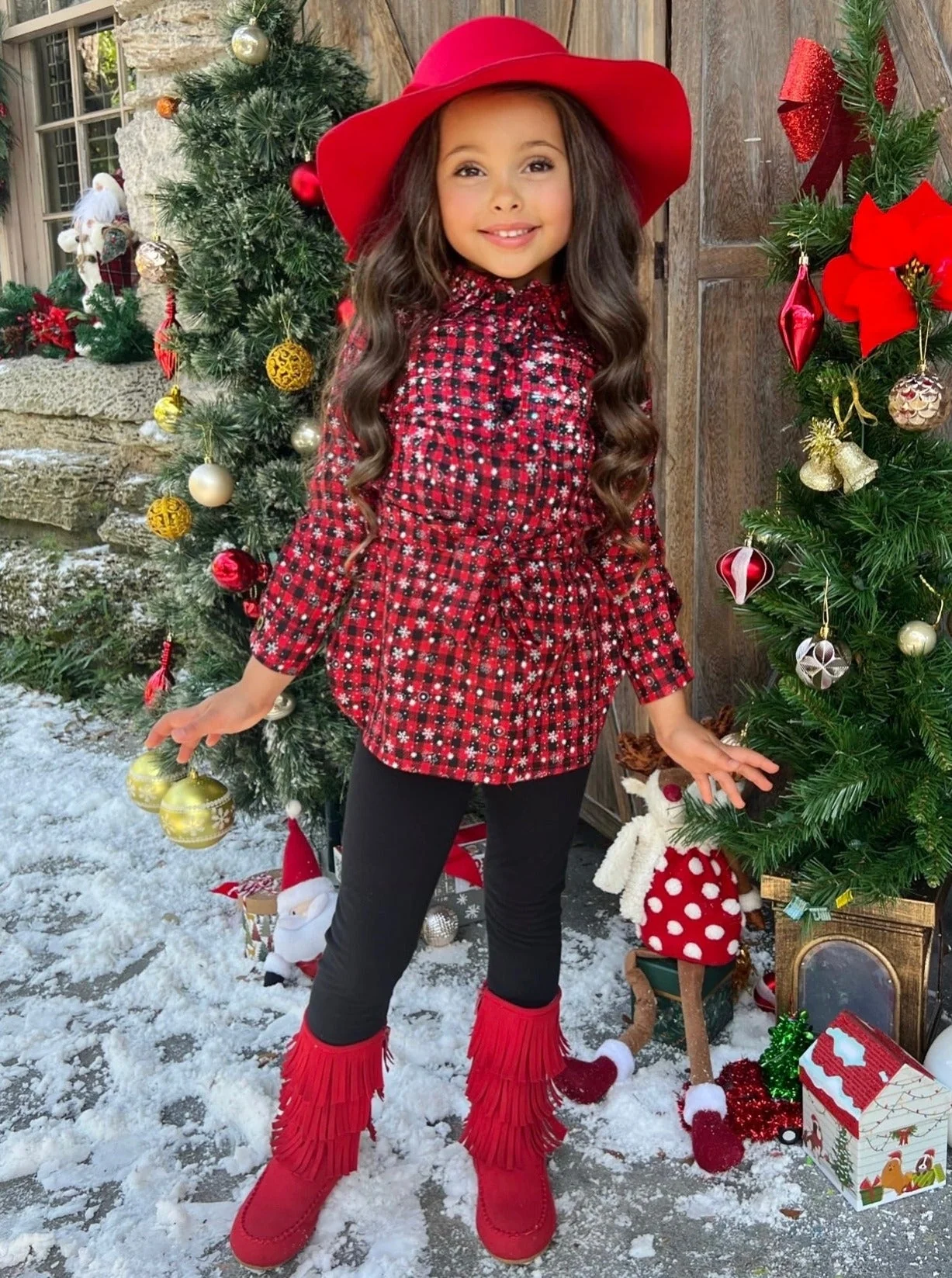 Festive Chic Plaid Belted Jacket and Legging Set - Image 2