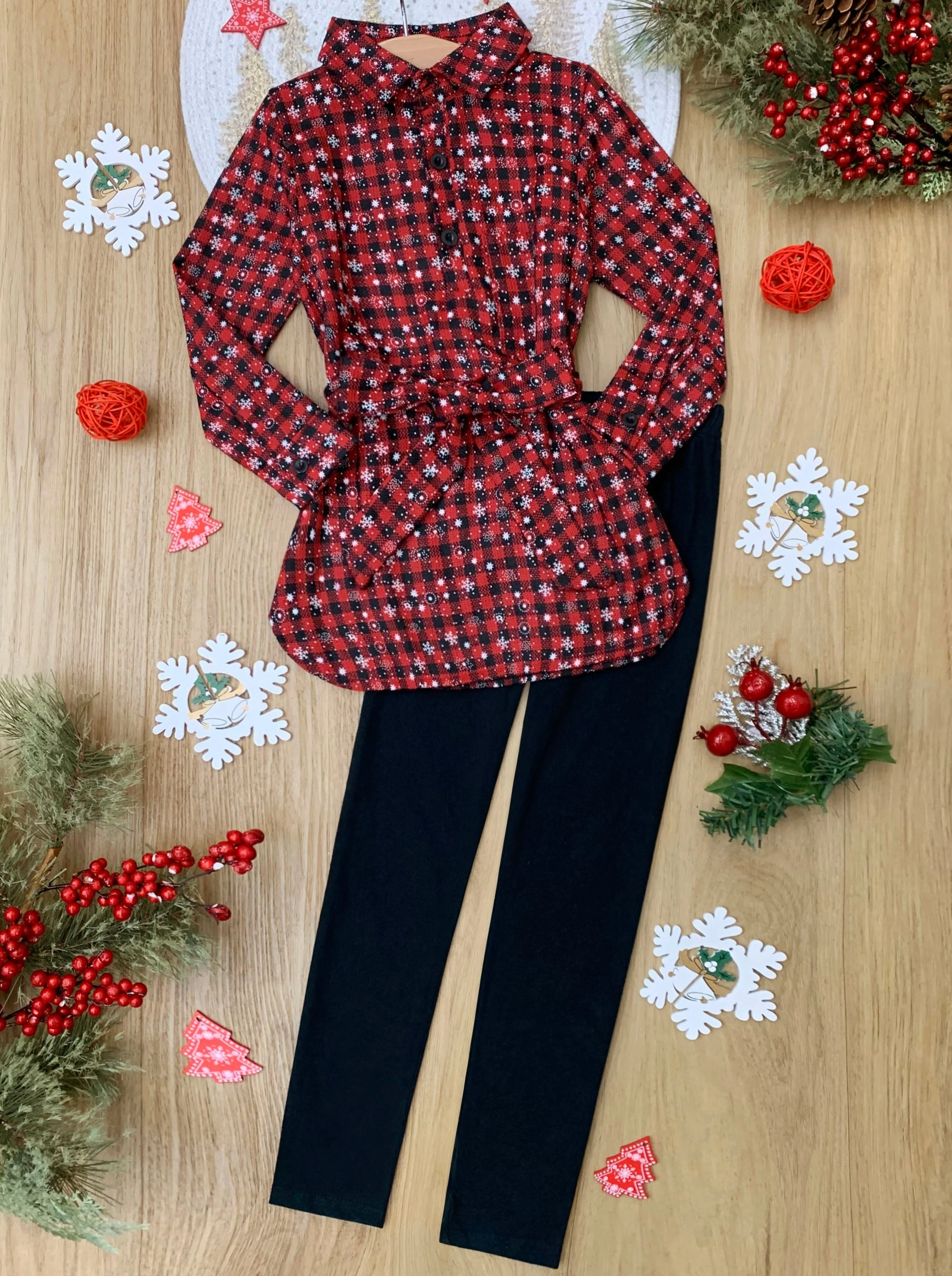 Festive Chic Plaid Belted Jacket and Legging Set - Image 3