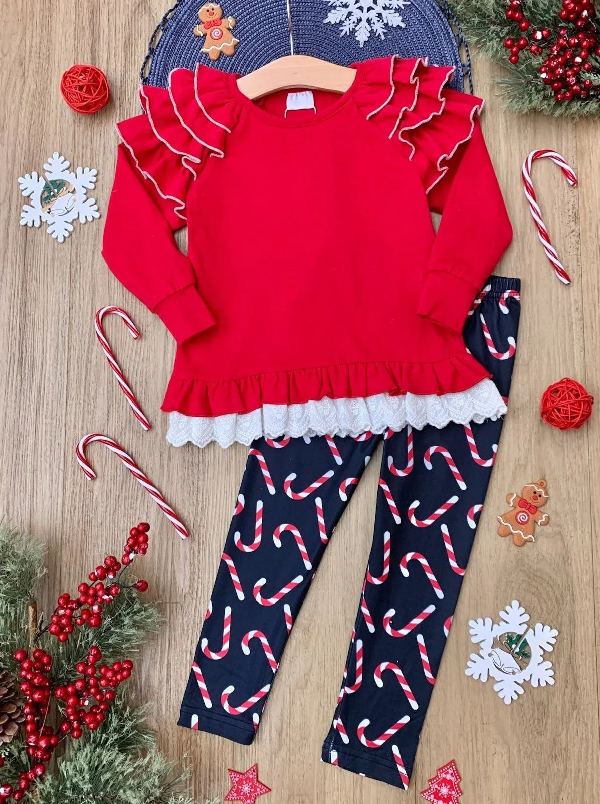 Sweet Statement Ruffle Sleeve Top and Candy Cane Legging Set - Image 2
