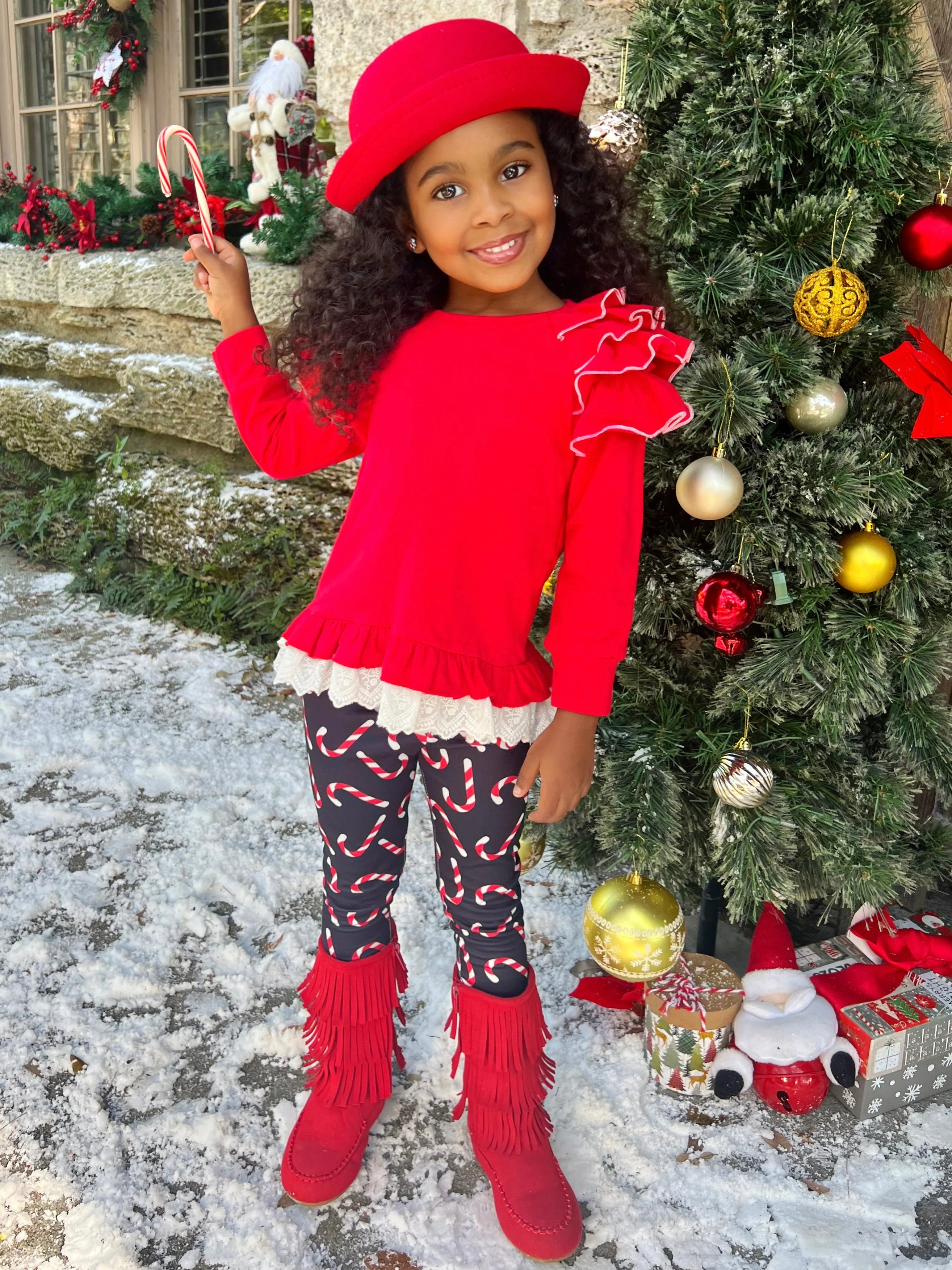 Sweet Statement Ruffle Sleeve Top and Candy Cane Legging Set - Image 3