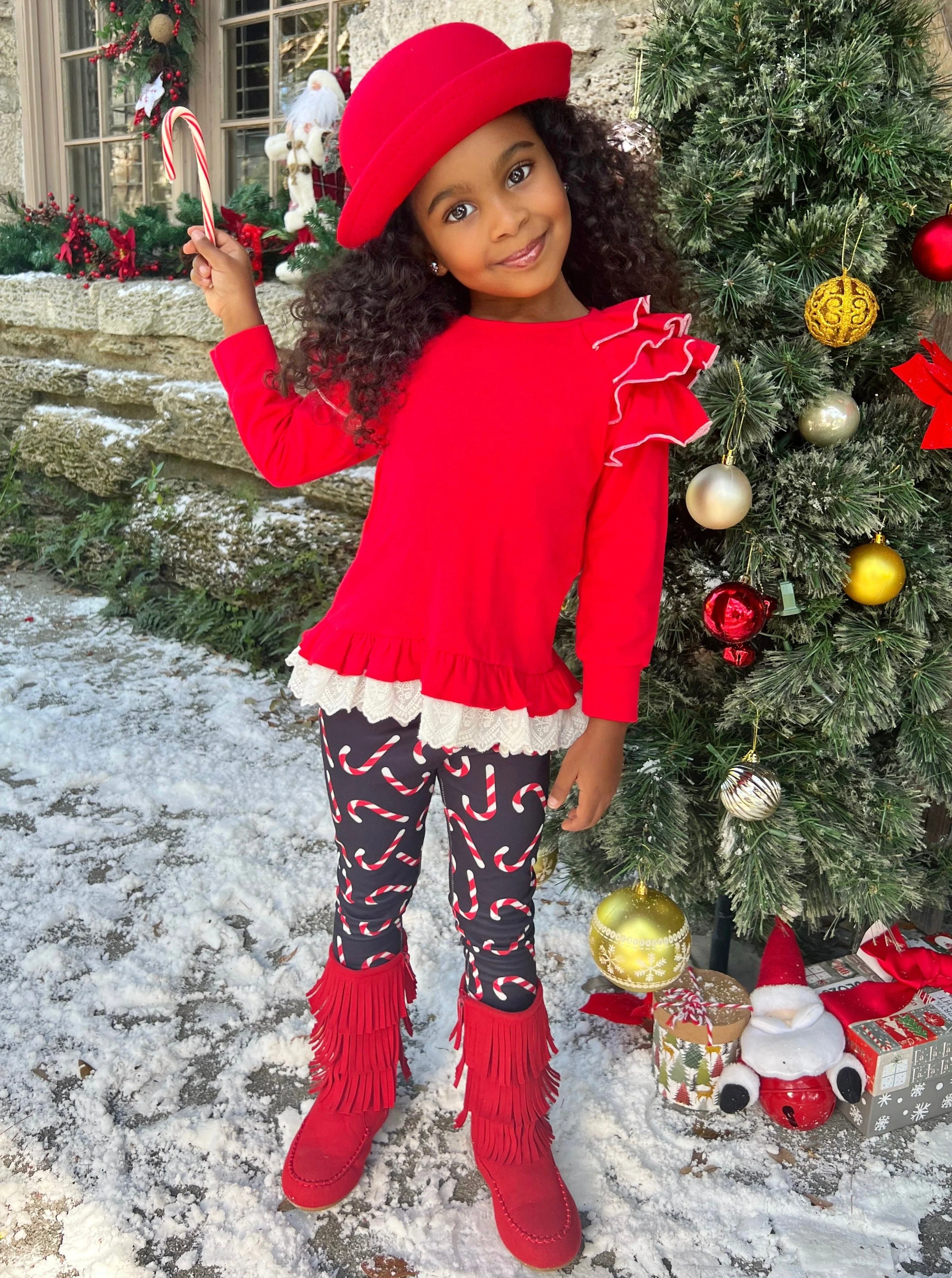 Sweet Statement Ruffle Sleeve Top and Candy Cane Legging Set - Image 4
