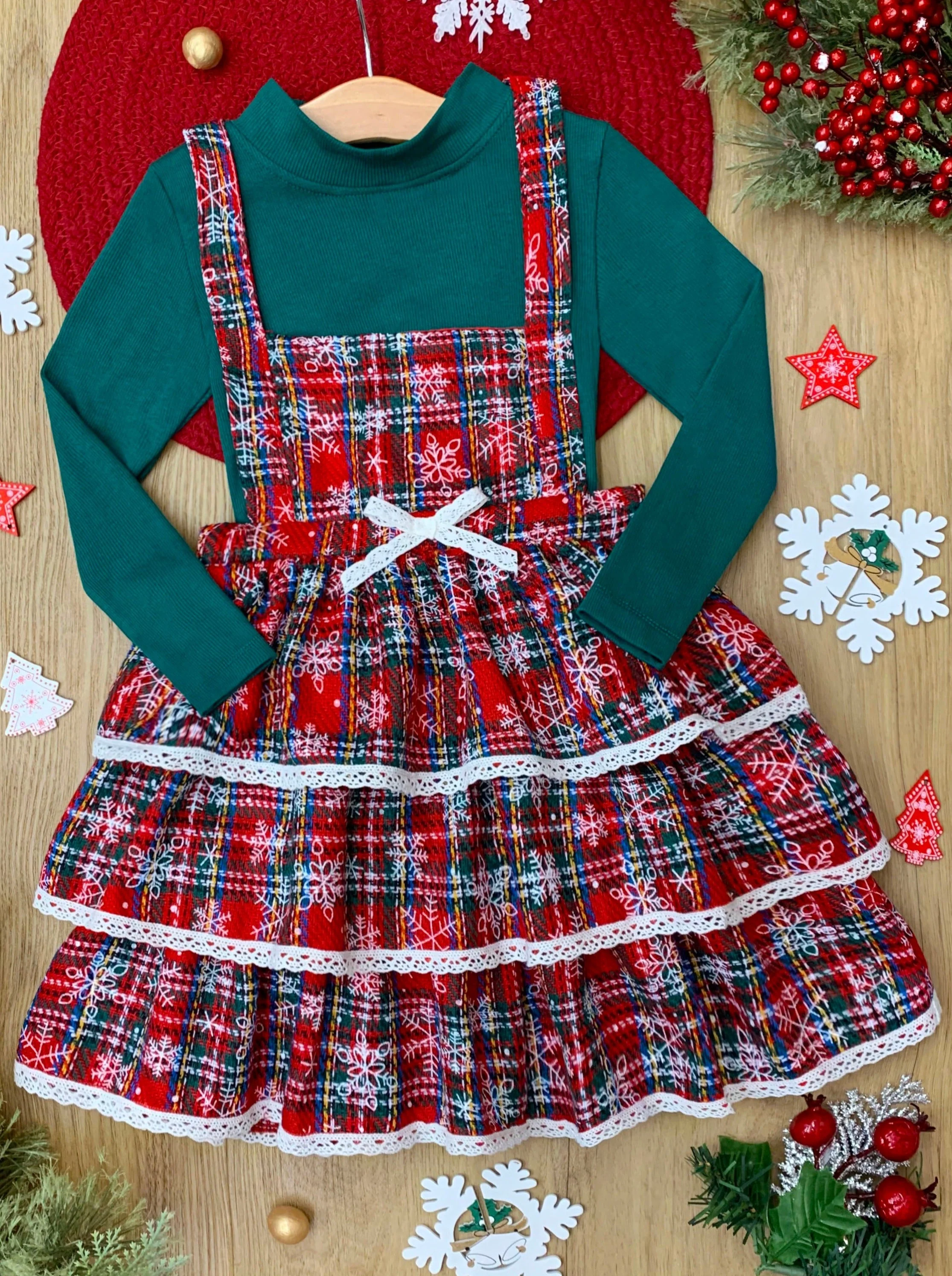 Jingle Belle Chic Turtleneck Top and Plaid Overall Dress - Image 2