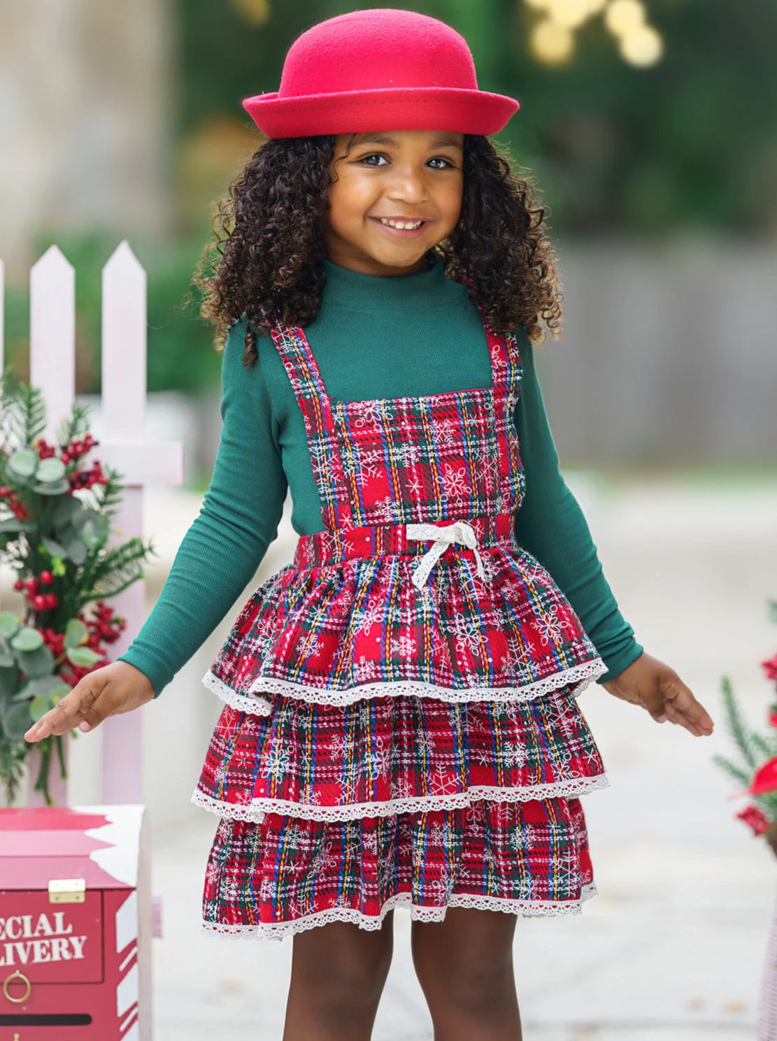 Jingle Belle Chic Turtleneck Top and Plaid Overall Dress - Image 4