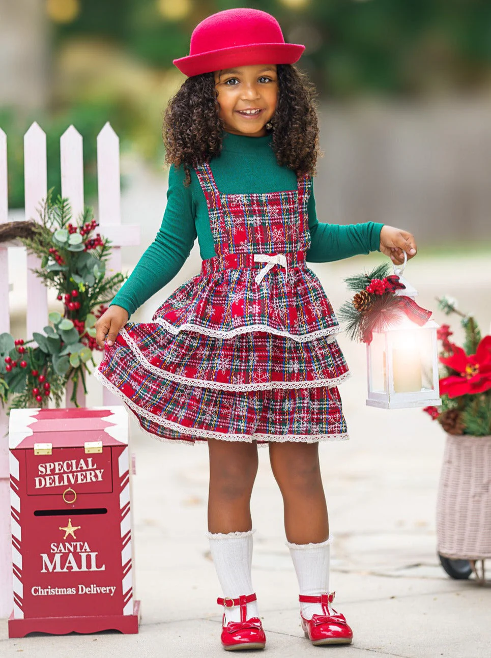 Jingle Belle Chic Turtleneck Top and Plaid Overall Dress - Image 5