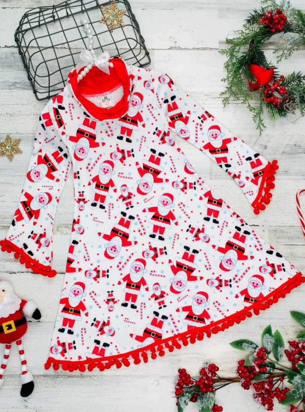 Girls Christmas Themed Long Sleeve Turtleneck A-Line Sweater Dress with Pom Pom Trim - Image 2