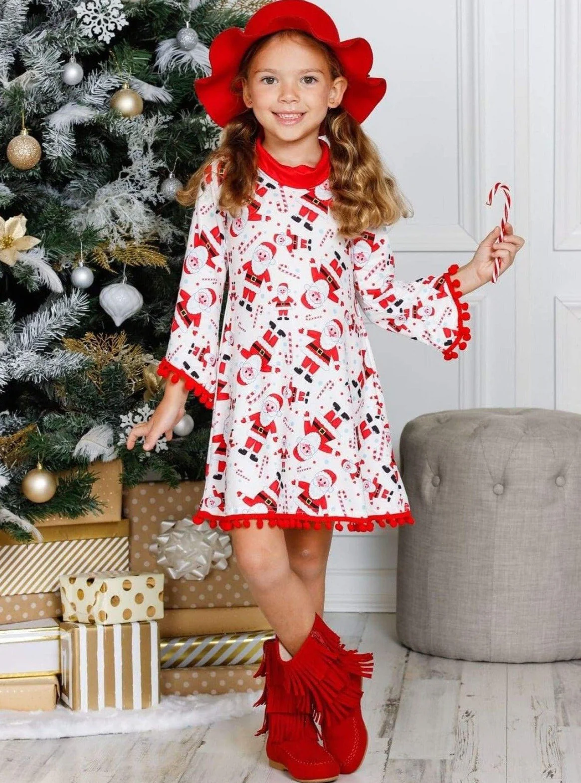 Girls Christmas Themed Long Sleeve Turtleneck A-Line Sweater Dress with Pom Pom Trim - Image 3