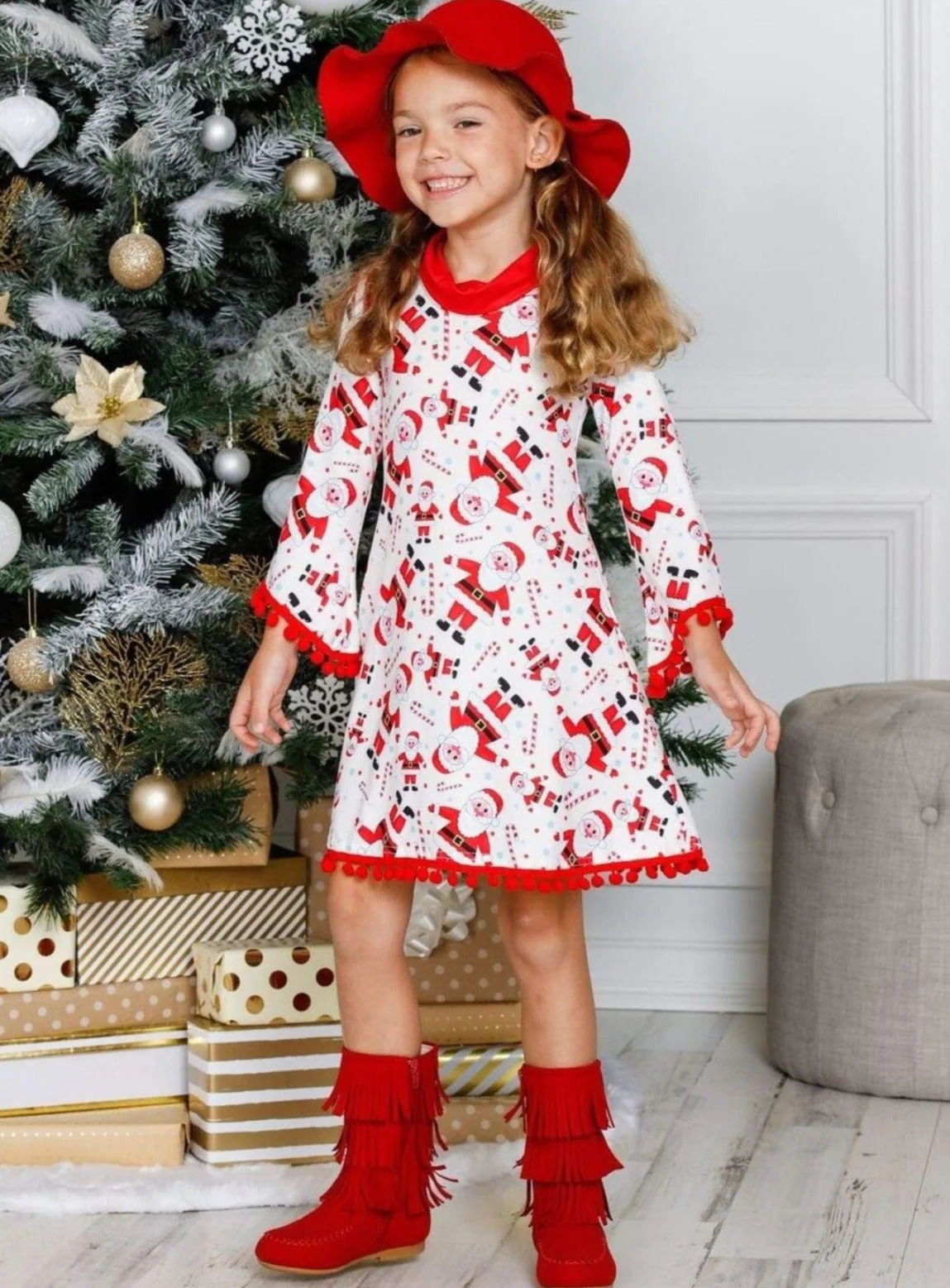 Girls Christmas Themed Long Sleeve Turtleneck A-Line Sweater Dress with Pom Pom Trim - Image 4