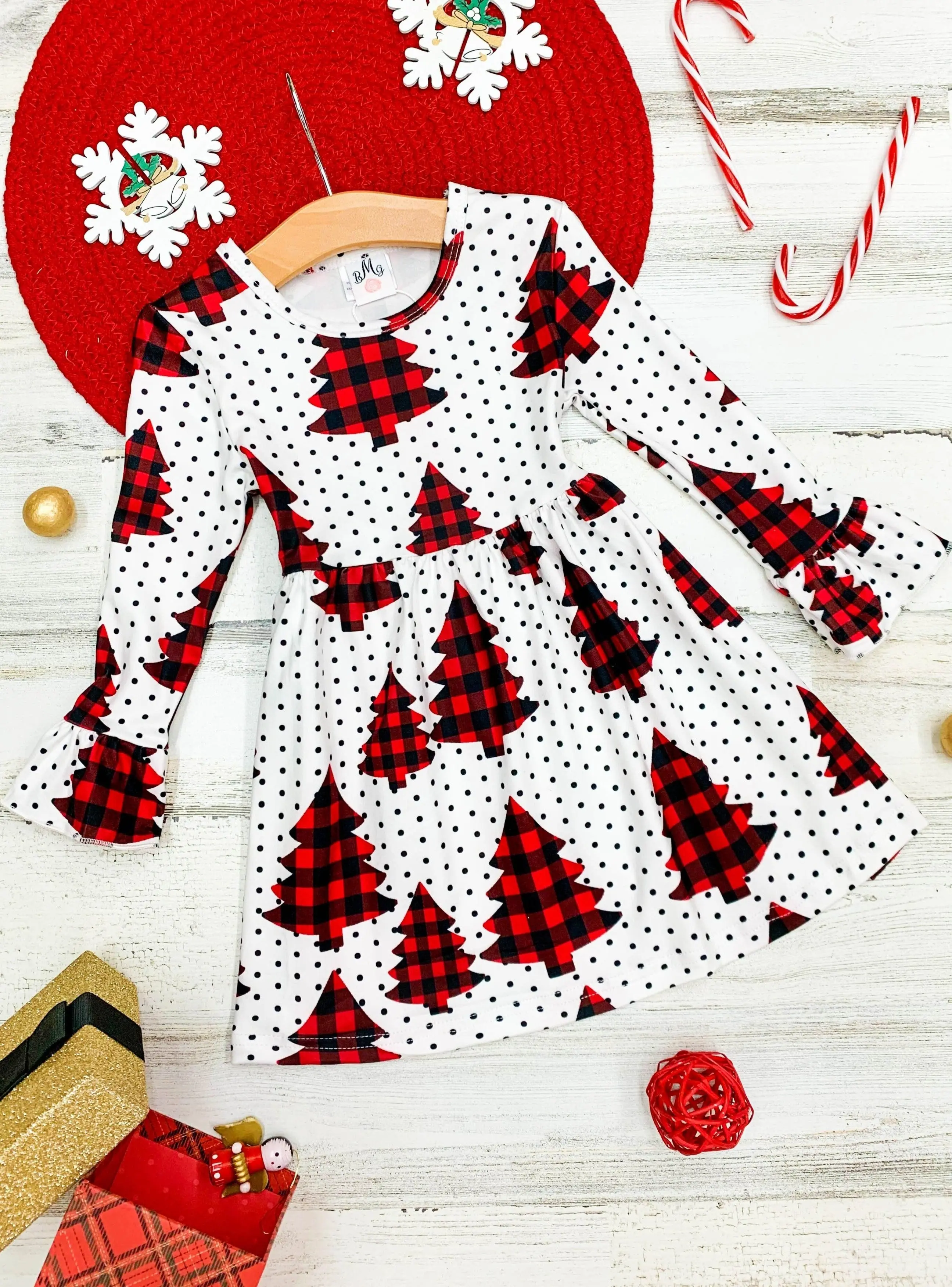 Christmas Tree Shopping Plaid Polka Dot Dress - Image 2