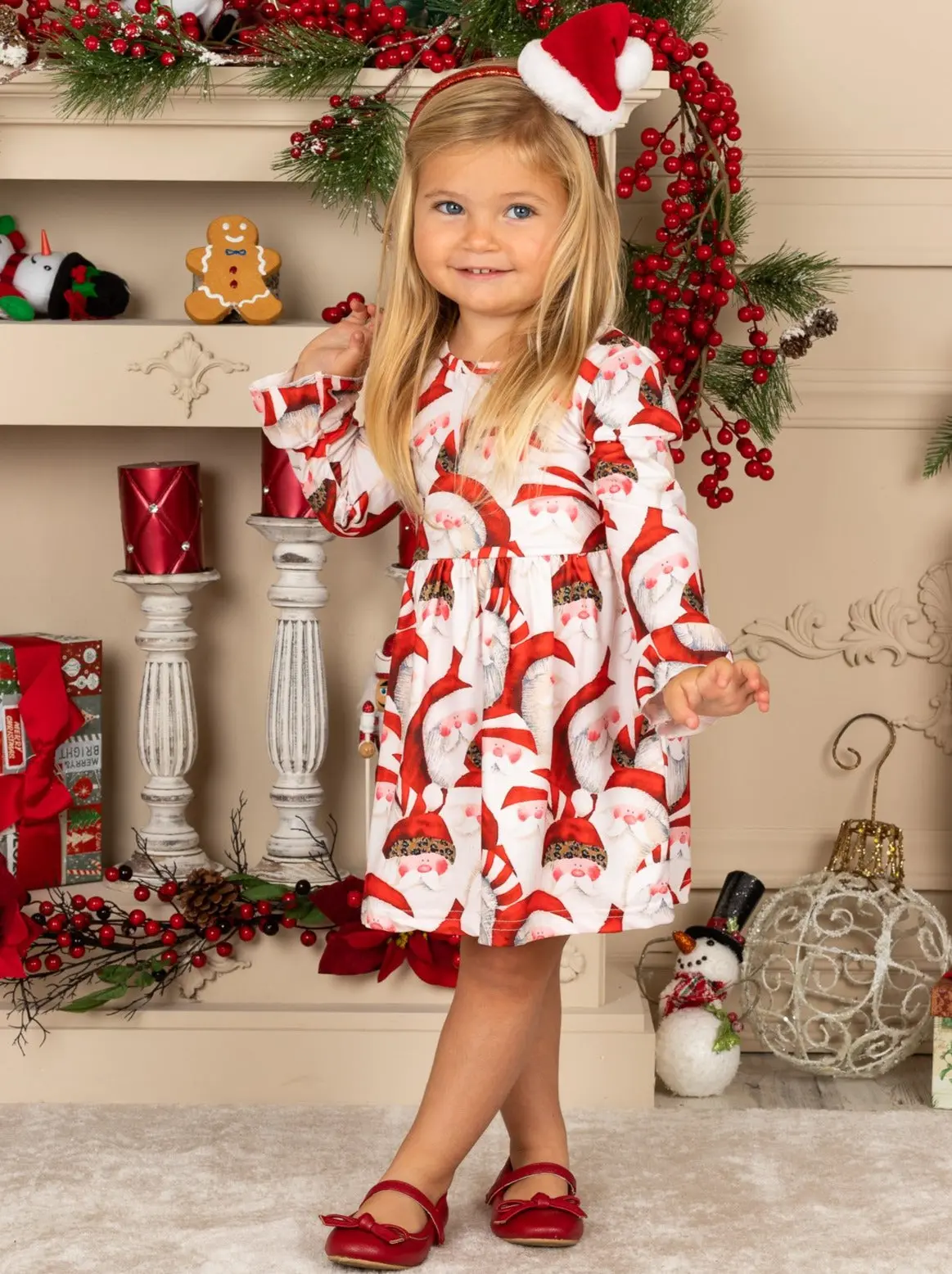 Girls Christmas Themed Santa Print Long Bell Sleeve Dress - Image 2