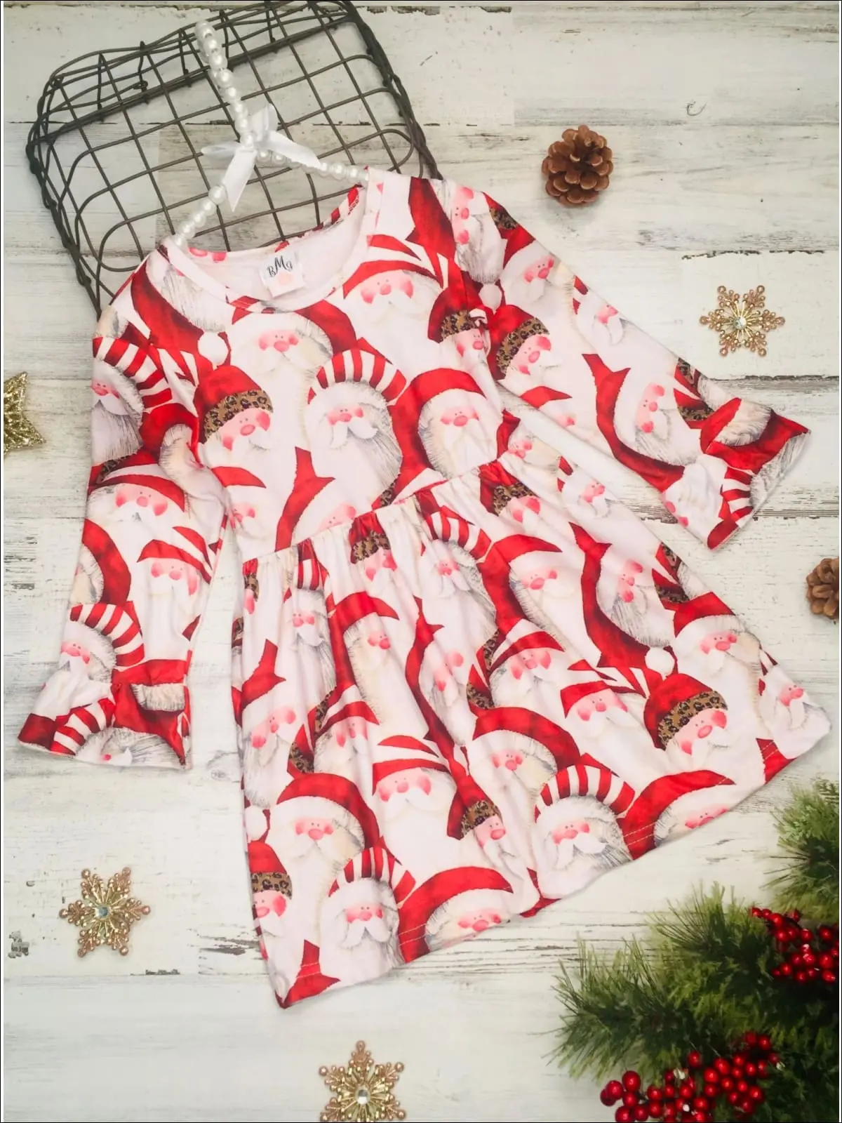 Girls Christmas Themed Santa Print Long Bell Sleeve Dress - Image 3