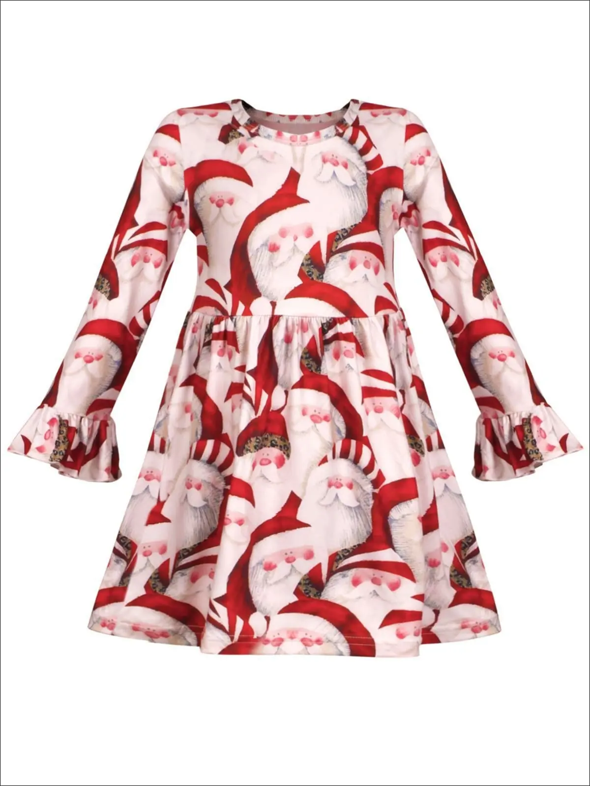 Girls Christmas Themed Santa Print Long Bell Sleeve Dress - Image 4