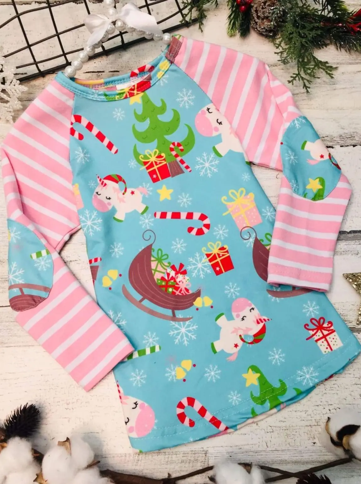 Girls Christmas Themed Unicorn Print Raglan Long Sleeve Top with Elbow Patches