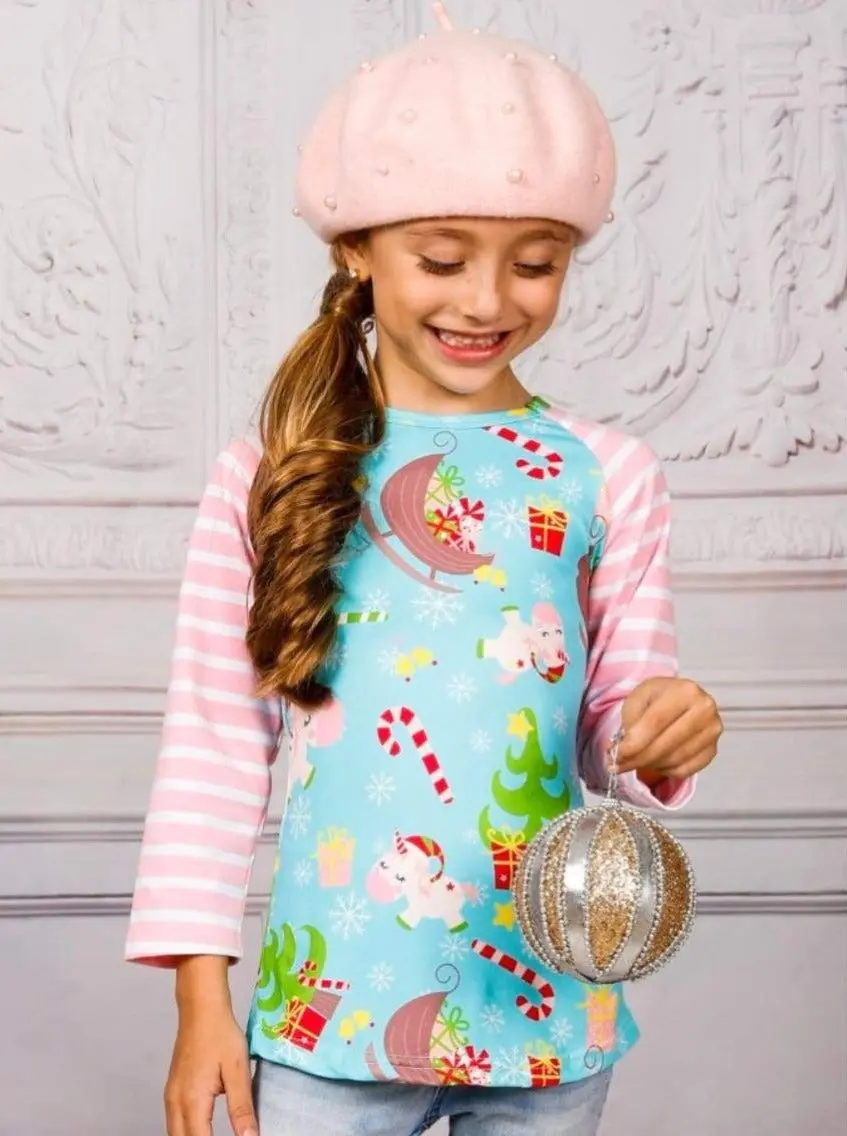 Girls Christmas Themed Unicorn Print Raglan Long Sleeve Top with Elbow Patches - Image 2