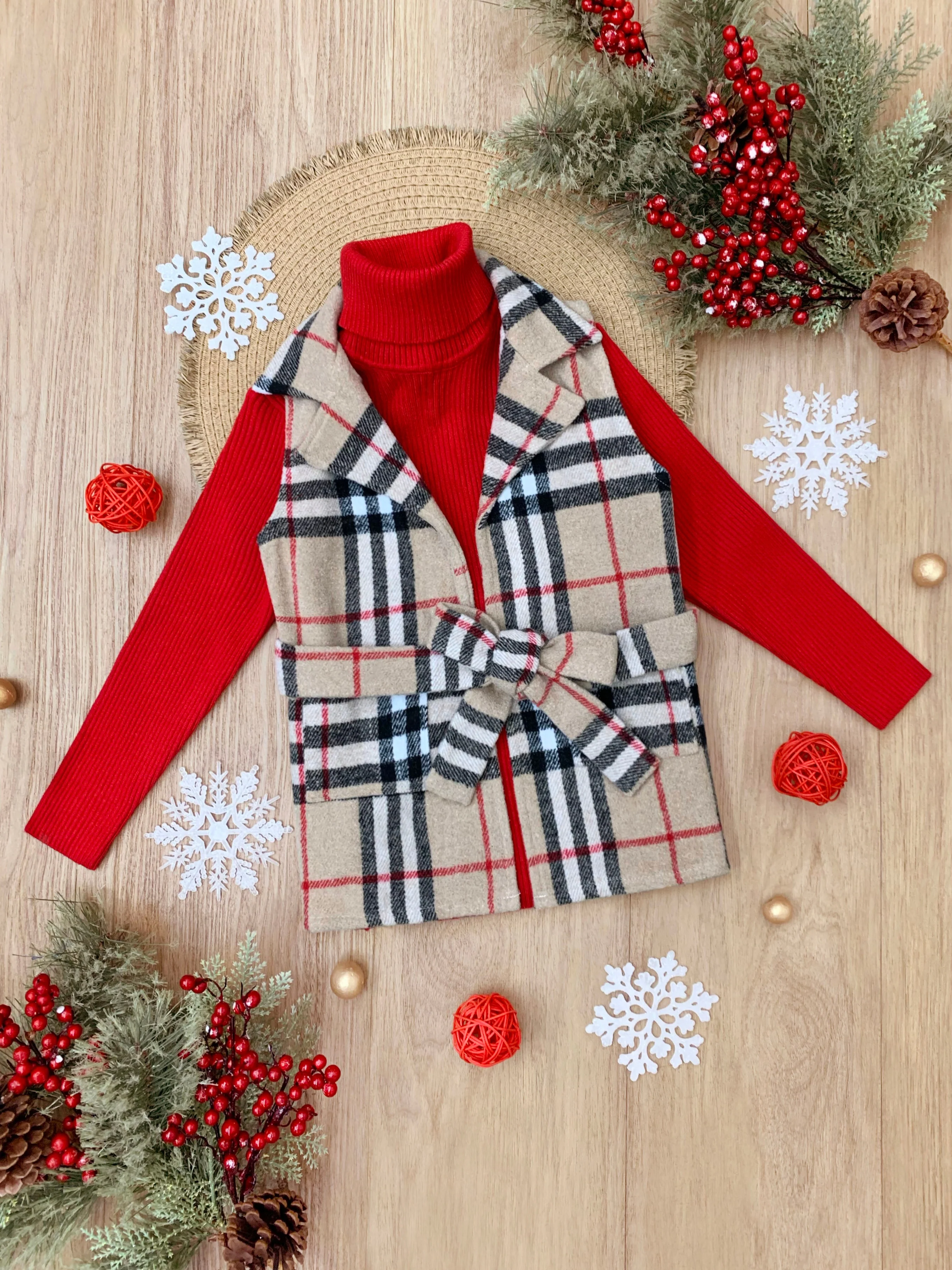 Chic Cozy Tan Plaid Belted Vest and Red Turtleneck Top Set - Image 2