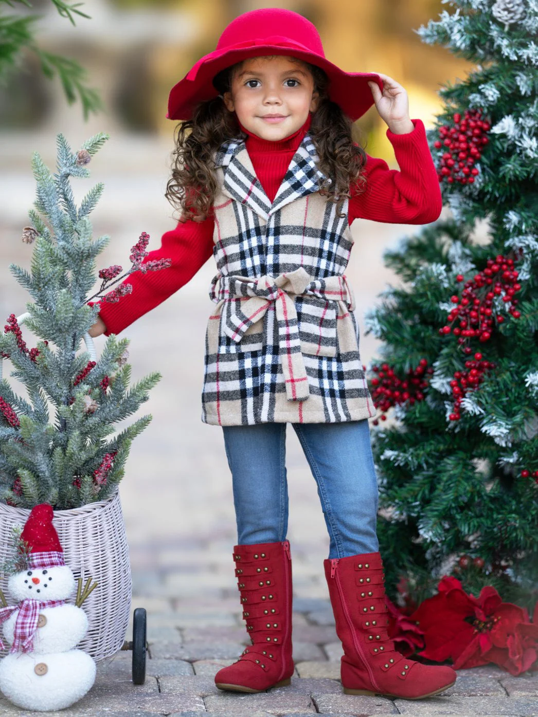 Chic Cozy Tan Plaid Belted Vest and Red Turtleneck Top Set - Image 3