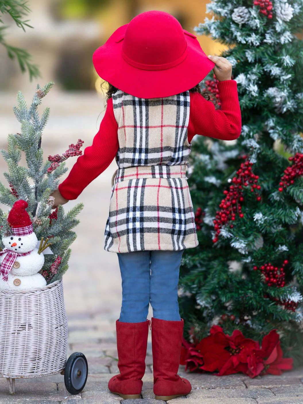 Chic Cozy Tan Plaid Belted Vest and Red Turtleneck Top Set - Image 4