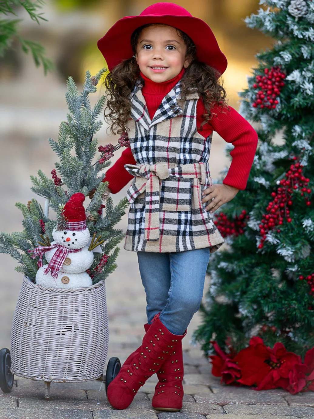 Chic Cozy Tan Plaid Belted Vest and Red Turtleneck Top Set - Image 5