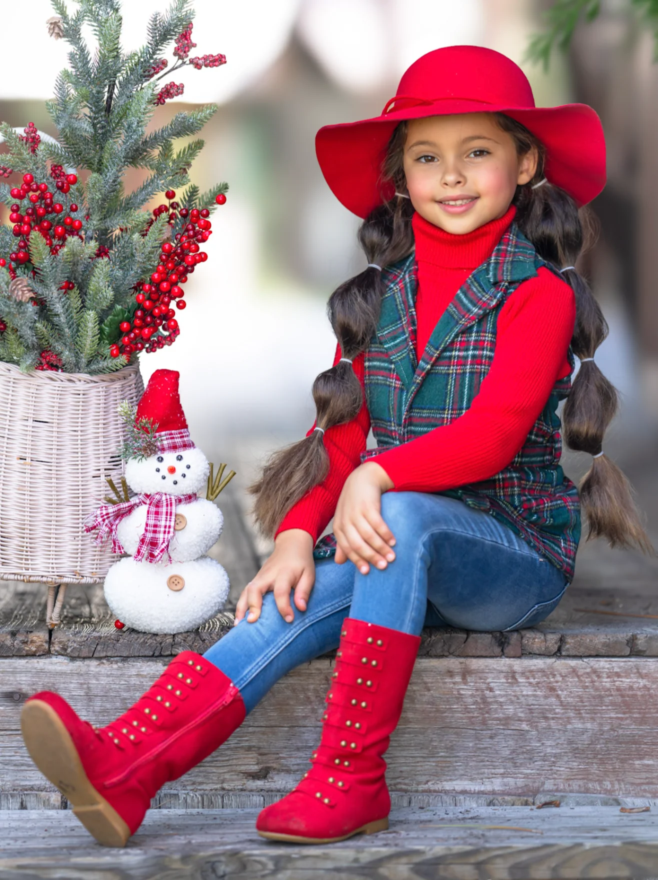 Festive Flair Plaid Belted Vest and Red Turtleneck Top Set - Image 2