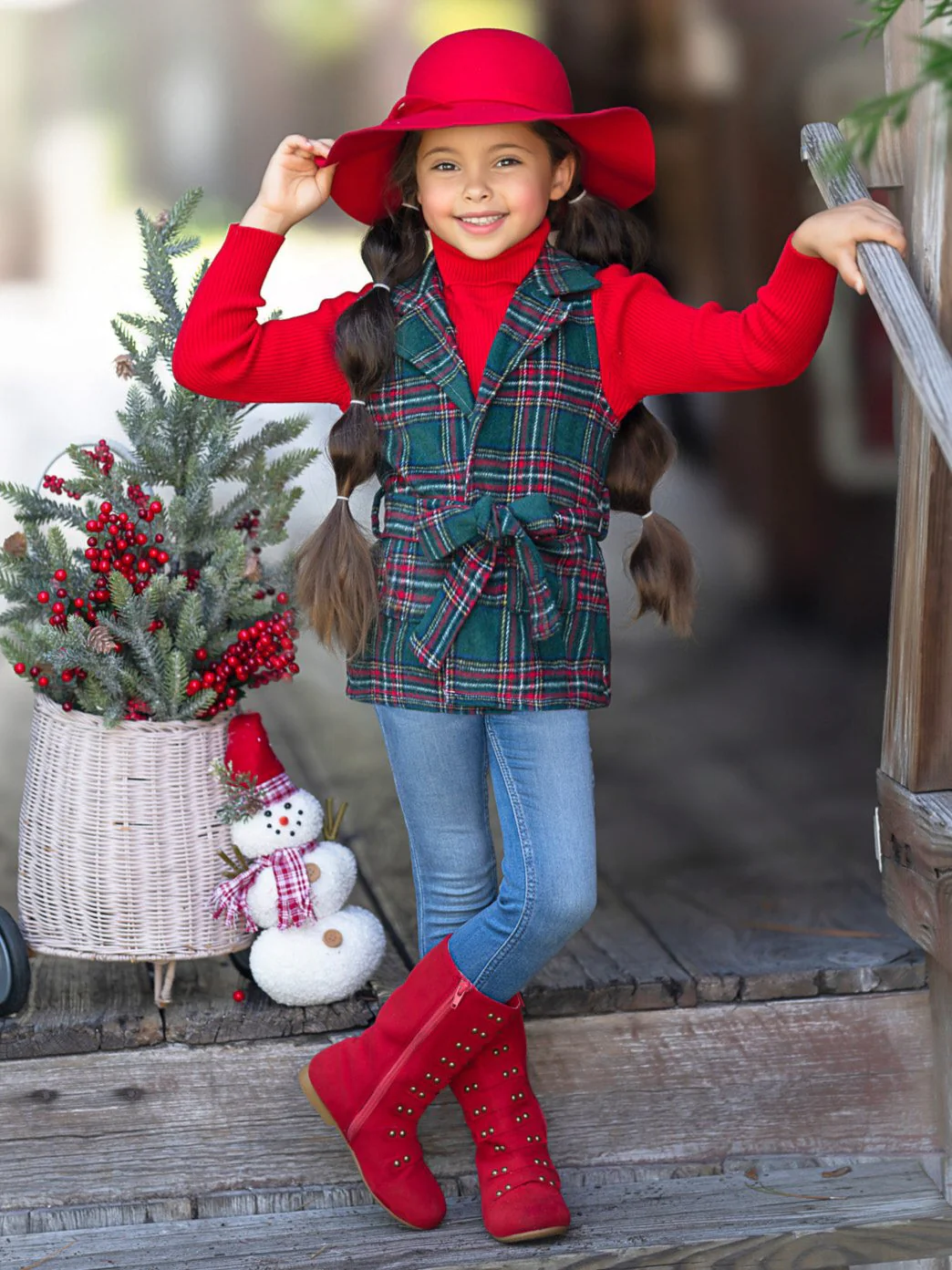 Festive Flair Plaid Belted Vest and Red Turtleneck Top Set - Image 3