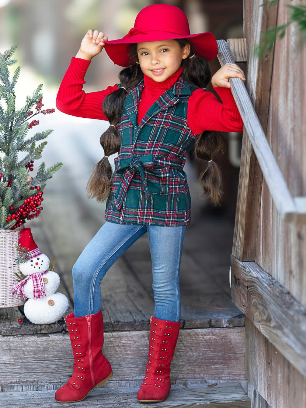 Festive Flair Plaid Belted Vest and Red Turtleneck Top Set - Image 4