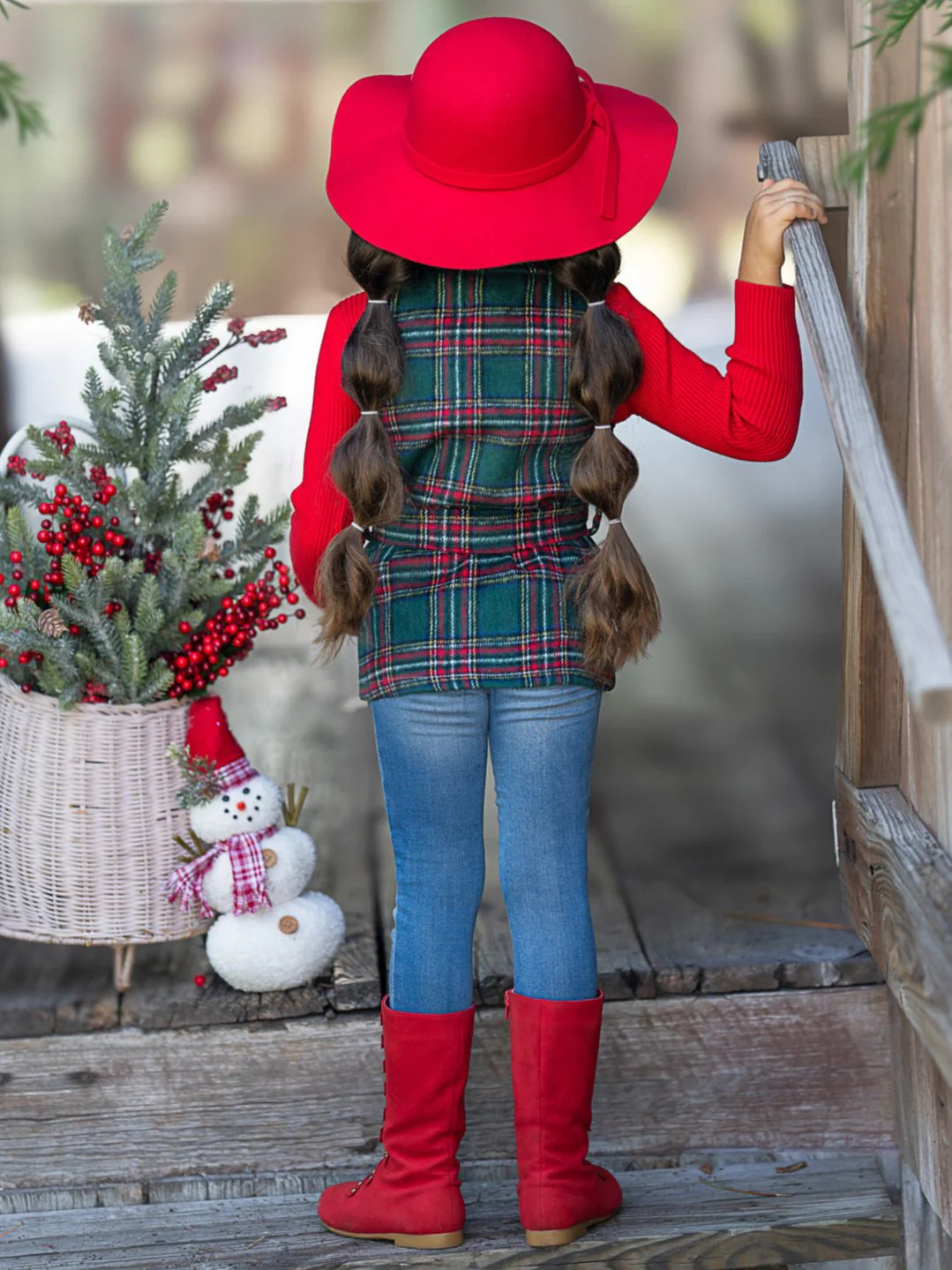 Festive Flair Plaid Belted Vest and Red Turtleneck Top Set - Image 5