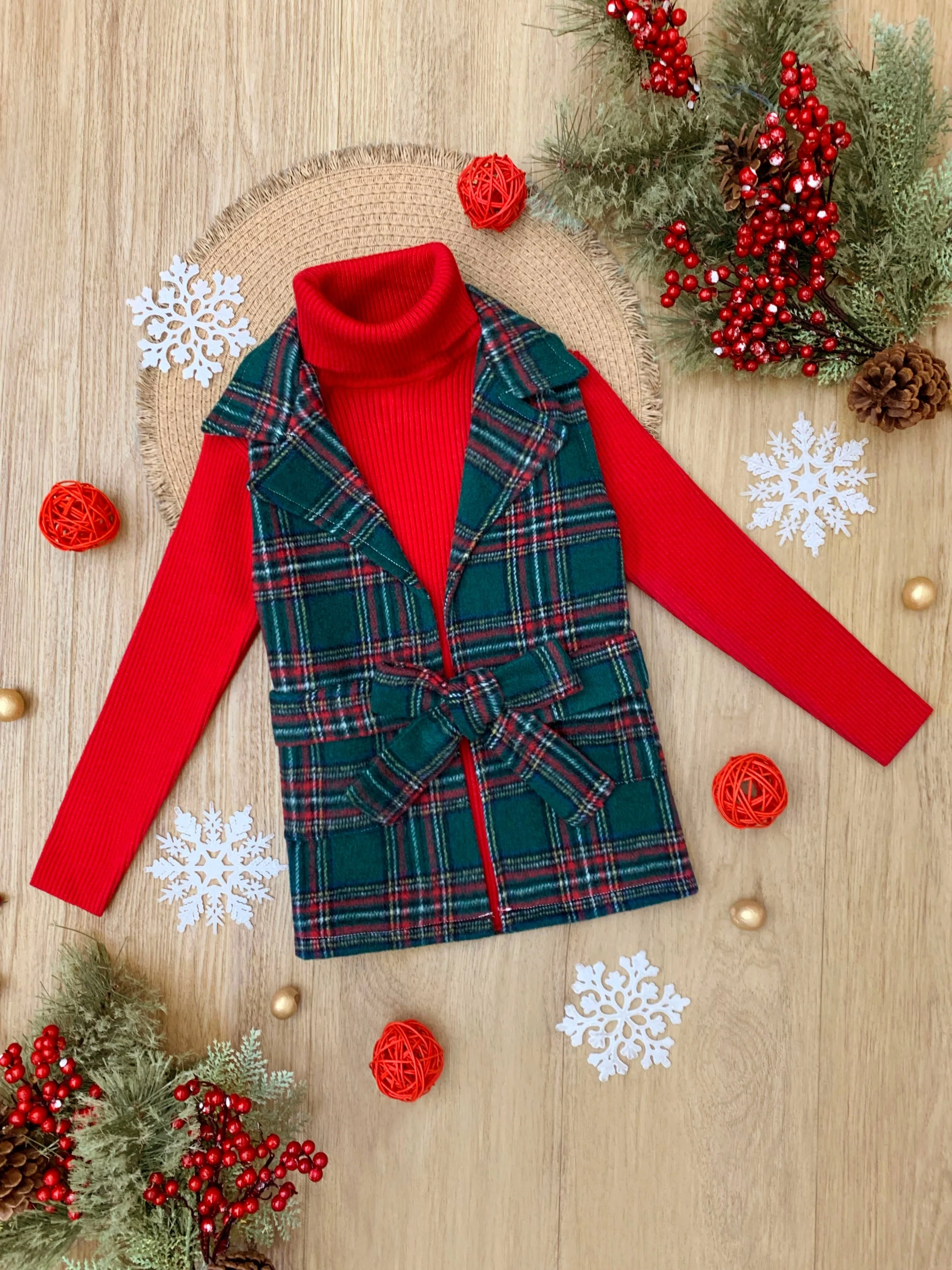 Festive Flair Plaid Belted Vest and Red Turtleneck Top Set - Image 6