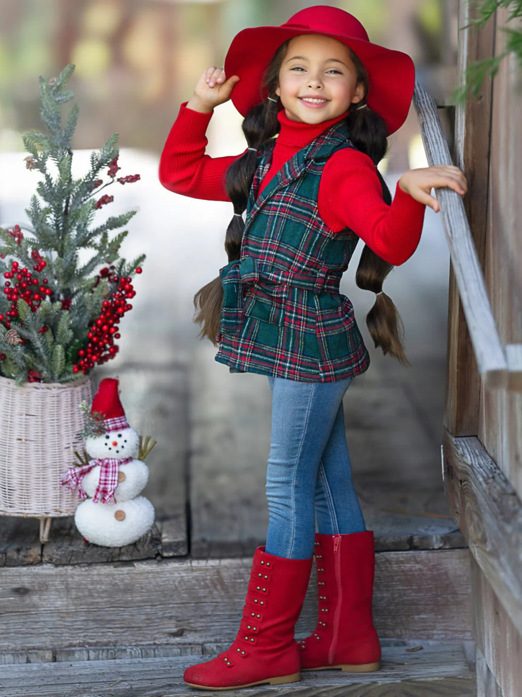 Festive Flair Plaid Belted Vest and Red Turtleneck Top Set - Image 7