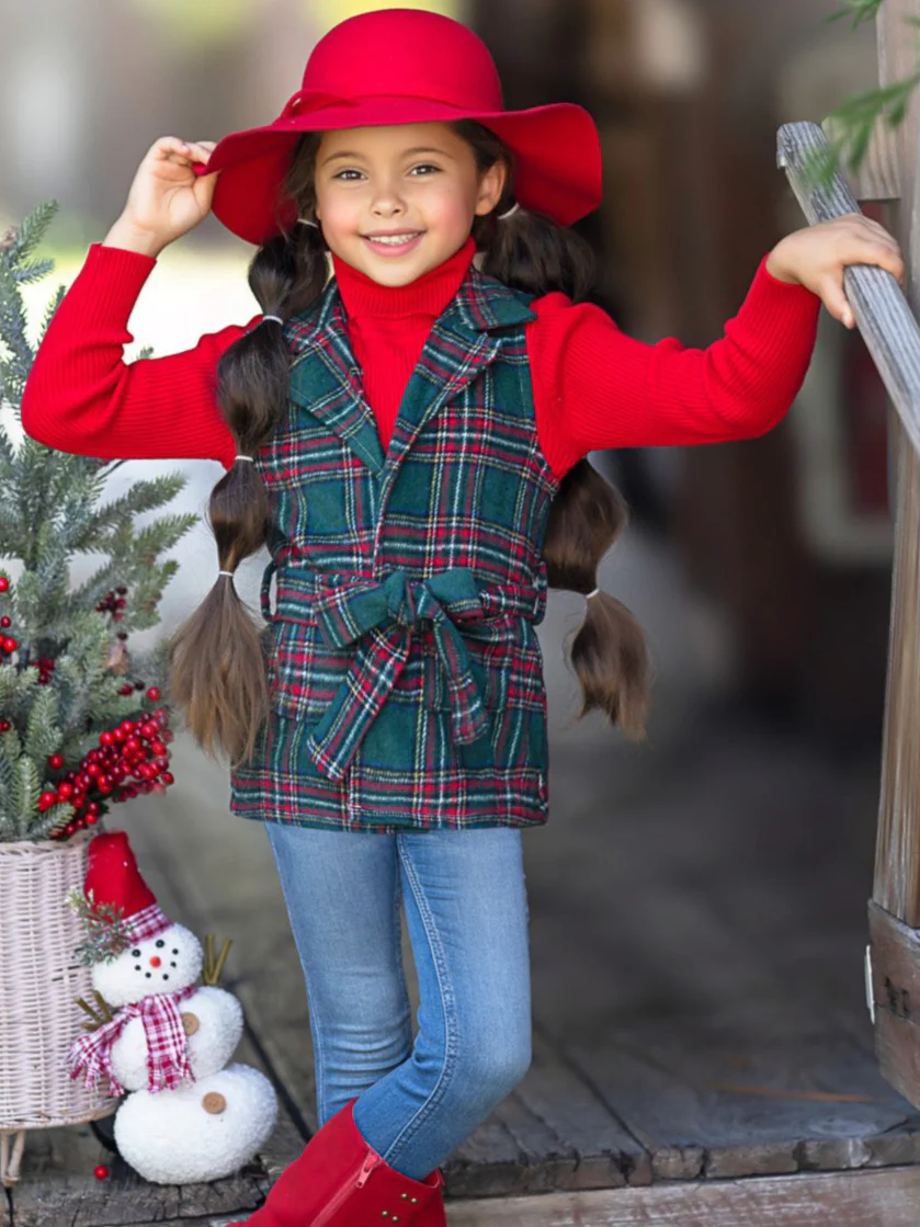 Festive Flair Plaid Belted Vest and Red Turtleneck Top Set - Image 8