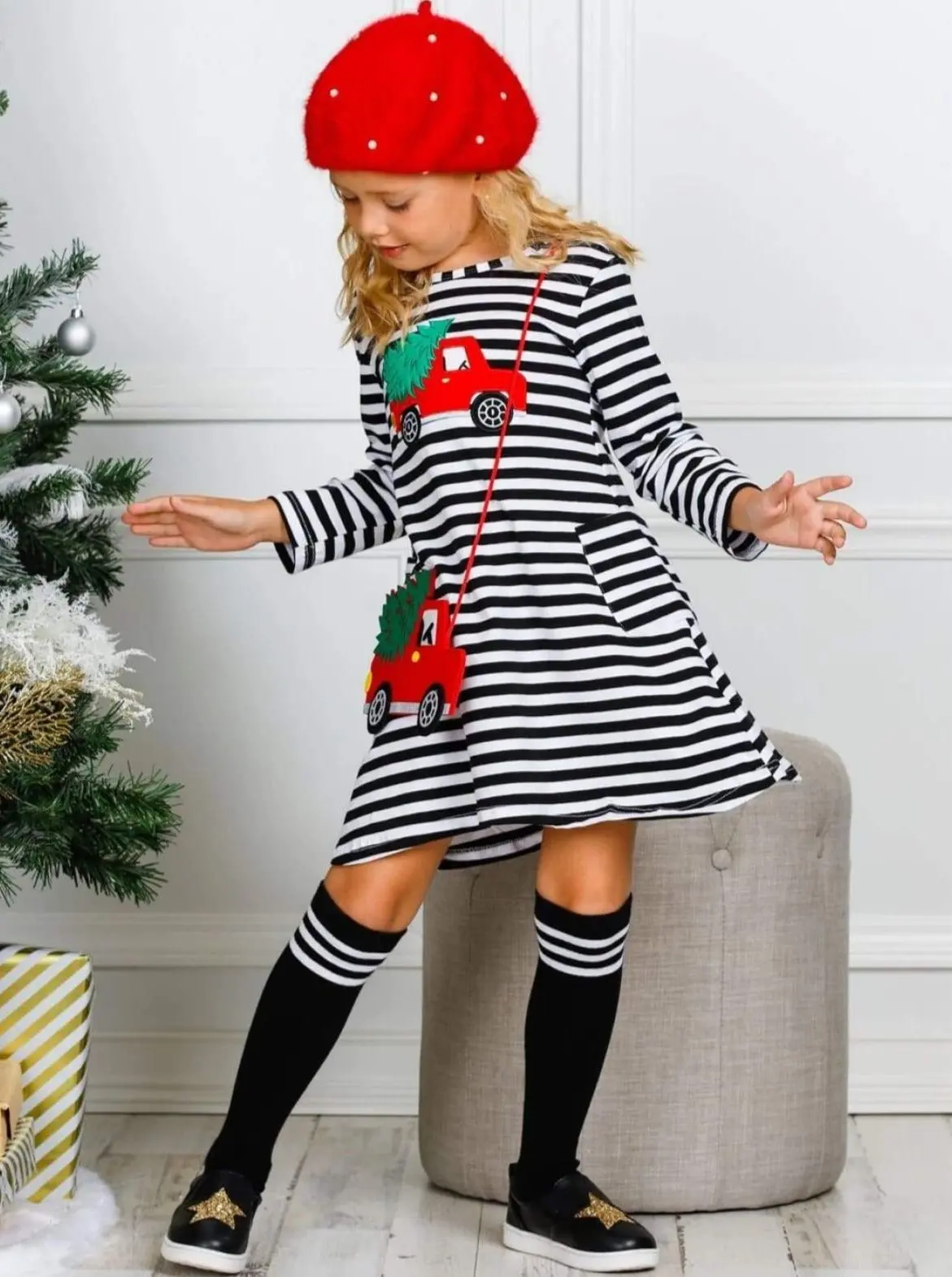 Christmas Haul Striped Pocket Dress, Purse and Socks Set - Image 2