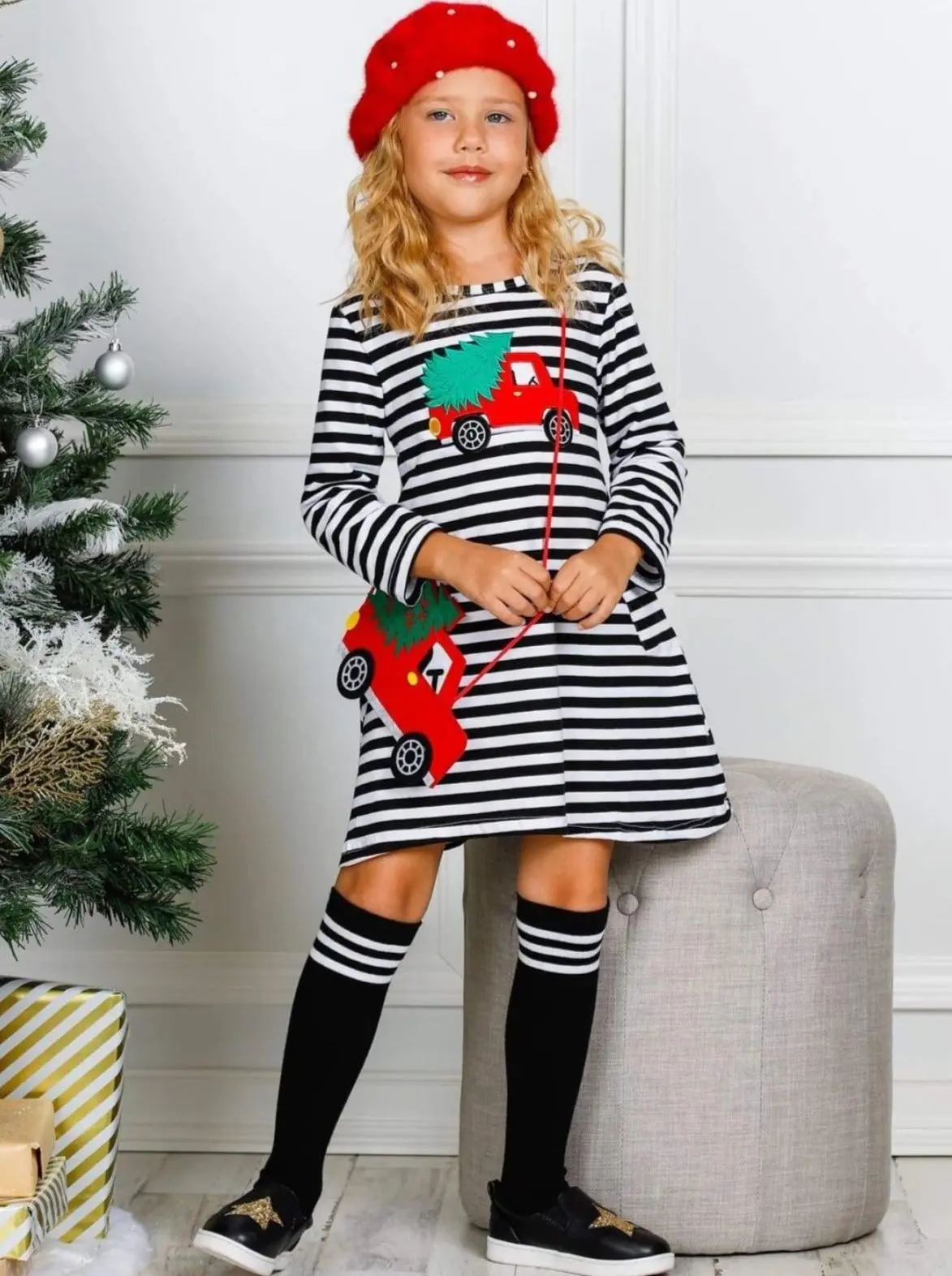 Christmas Haul Striped Pocket Dress, Purse and Socks Set - Image 3