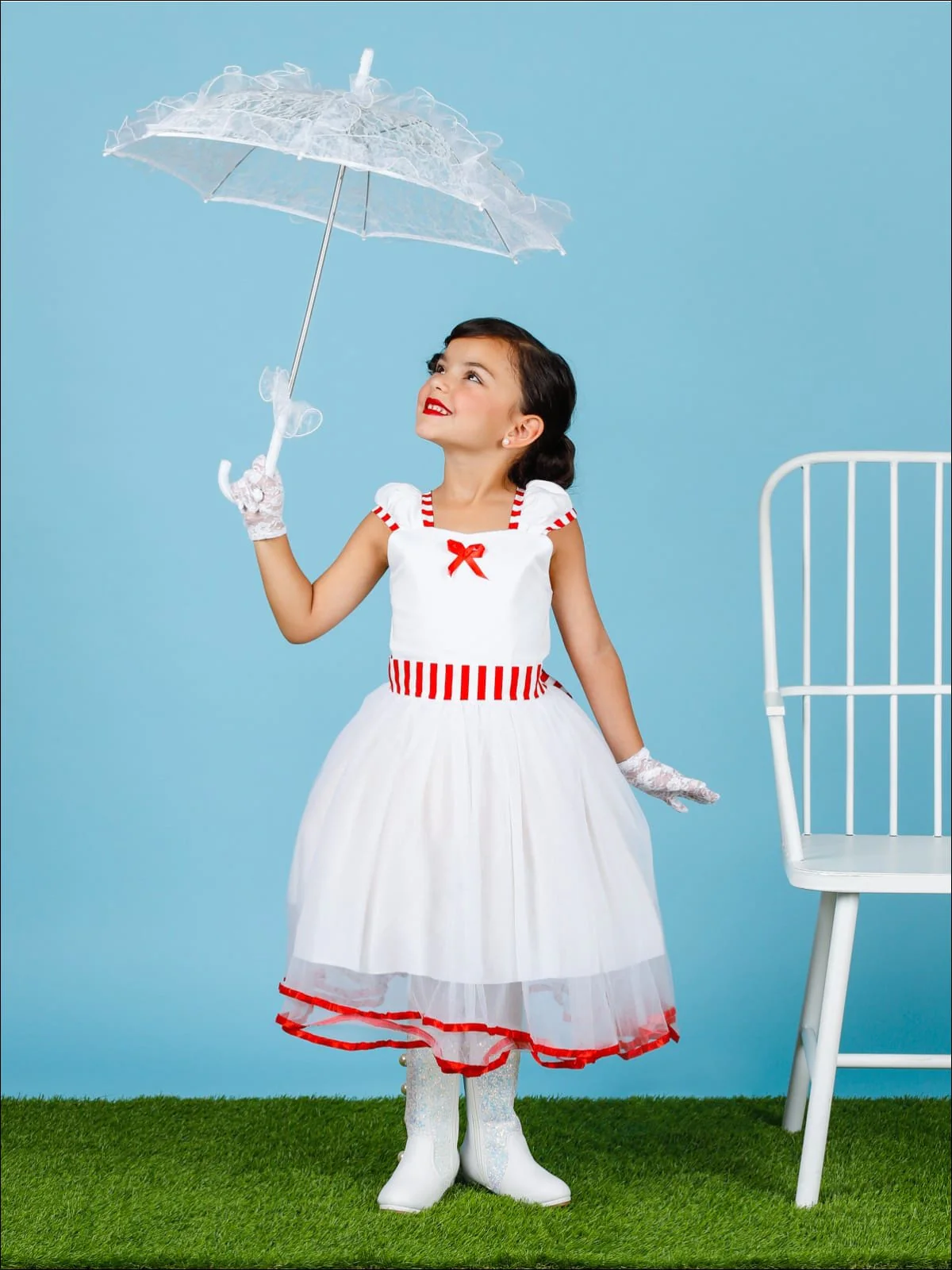 Girls Mary Poppins Inspired Striped Costume Dress with Lace Gloves - Image 2